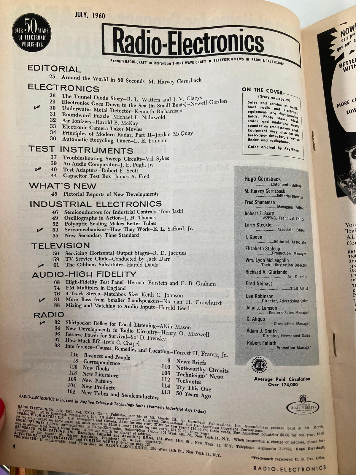 Inside pages of VTG Radio-Electronics Magazine July 1960 displaying the editorial and articles index, highlighting topics on electronics, test instruments, and audio fidelity.