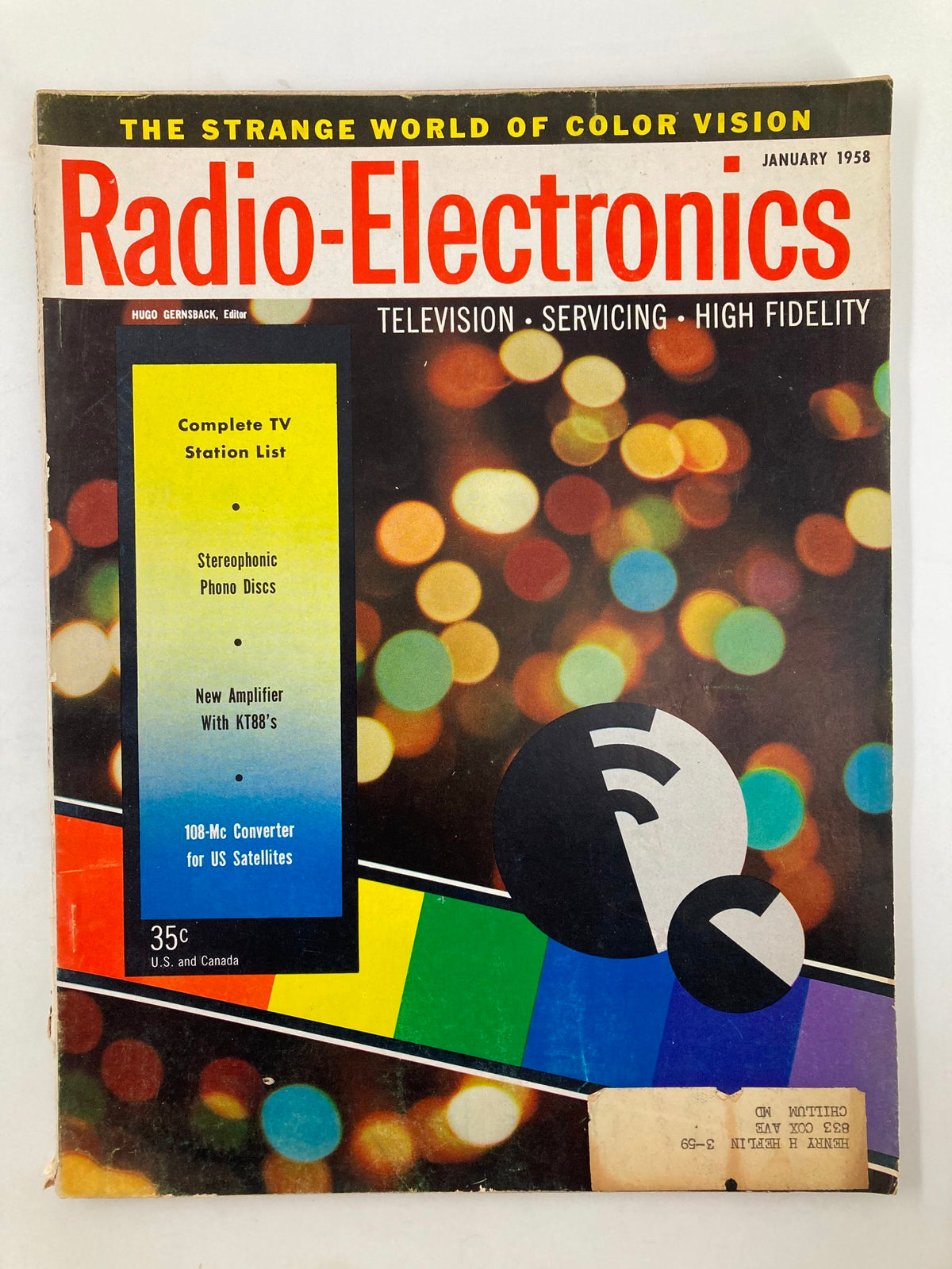 Cover of VTG Radio-Electronics Magazine from January 1958 featuring the article 'The Strange World of Color Vision', showcasing a vibrant design with colorful graphics and a television theme.