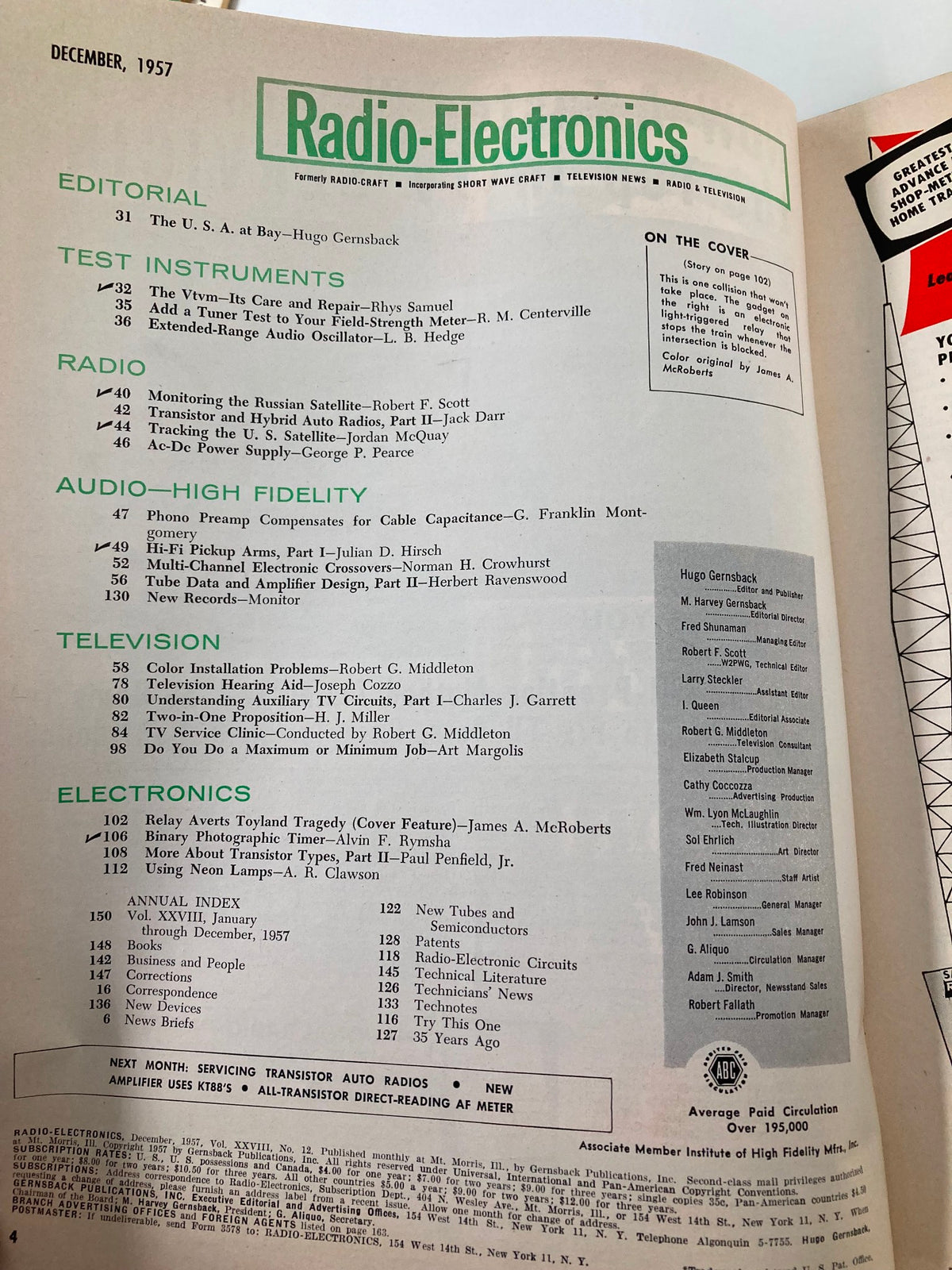VTG Radio-Electronics Magazine December 1957 cover page featuring the article 'Relay Averts a Toyland Tragedy,' showcasing editorial content and various topics in electronics from the mid-20th century.