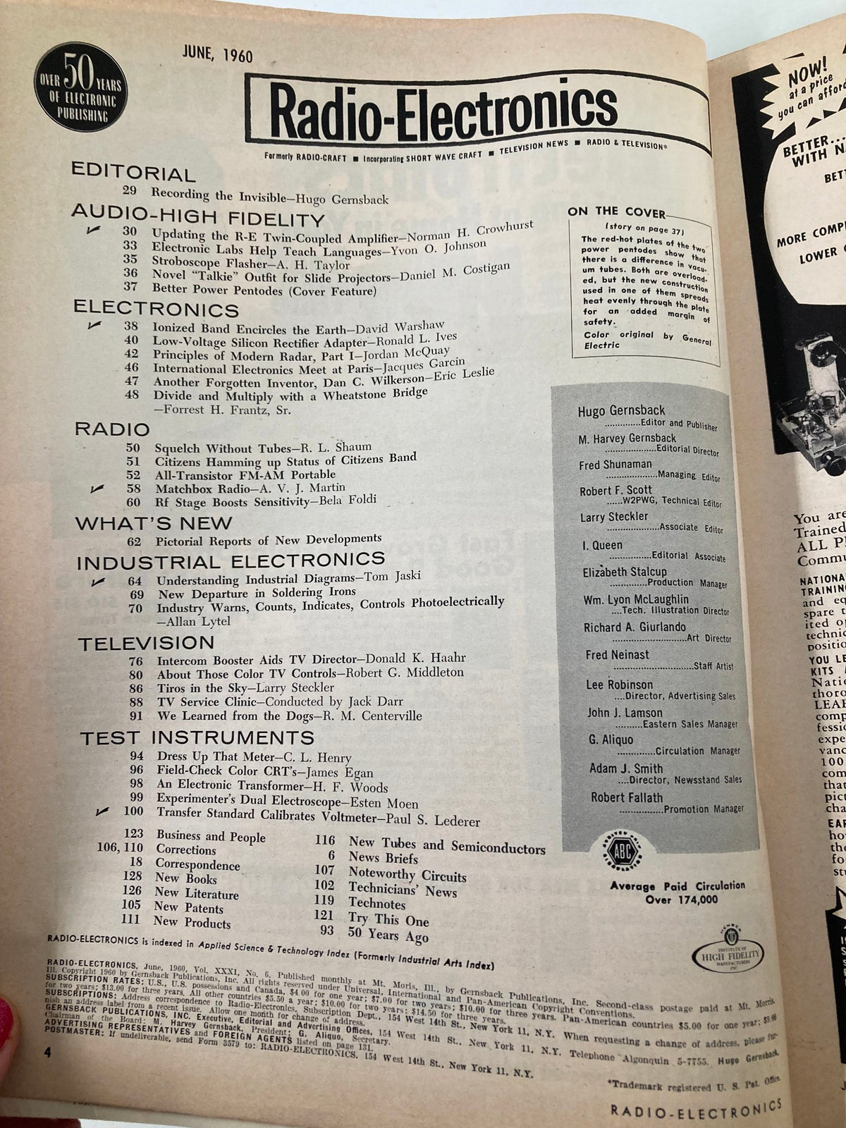 Interior page of VTG Radio-Electronics Magazine June 1960 displaying the table of contents, highlighting articles on electronics and high fidelity.