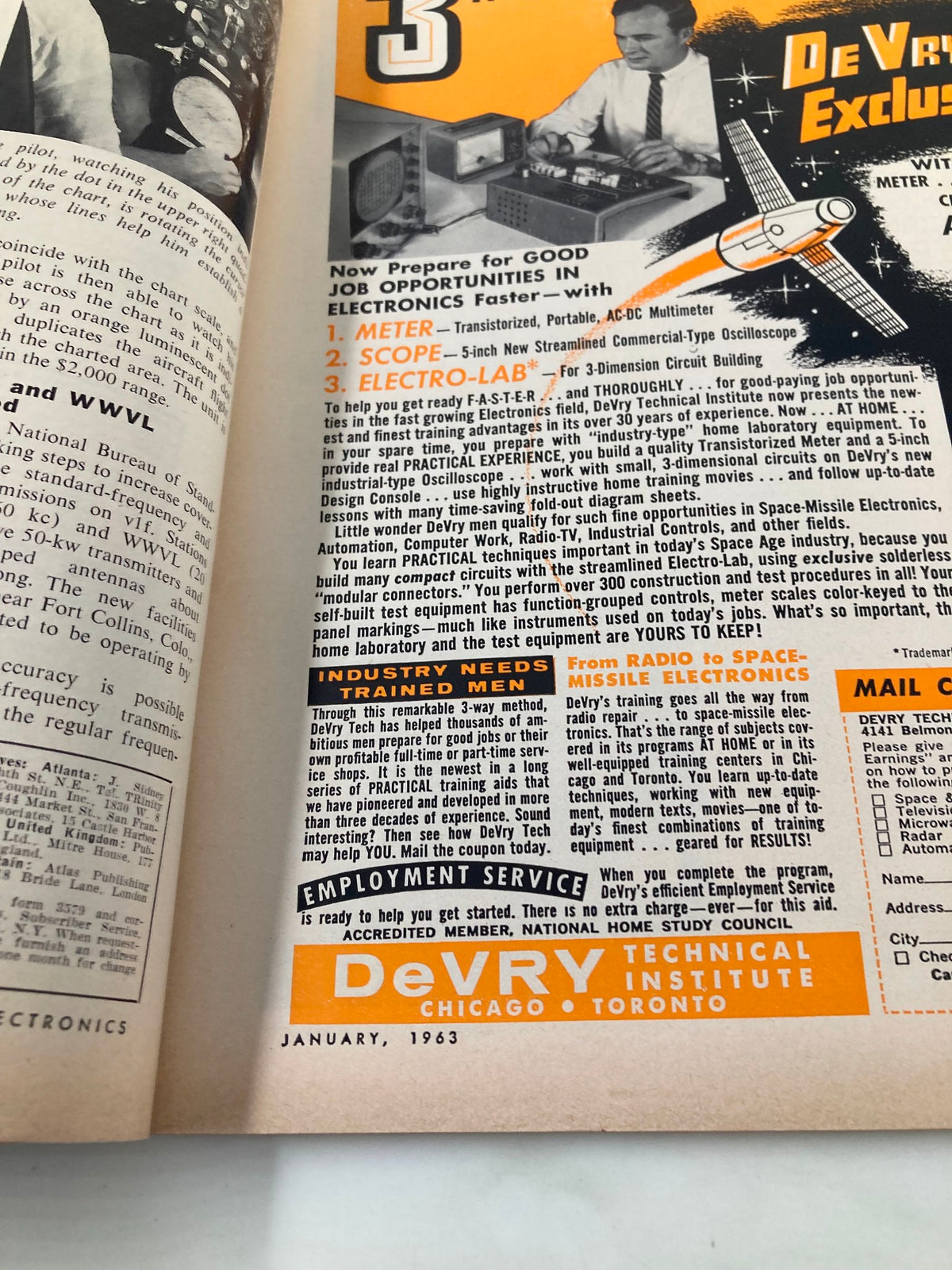 Inside page of VTG Radio-Electronics Magazine January 1963 highlighting educational opportunities in electronics from DeVry Technical Institute.