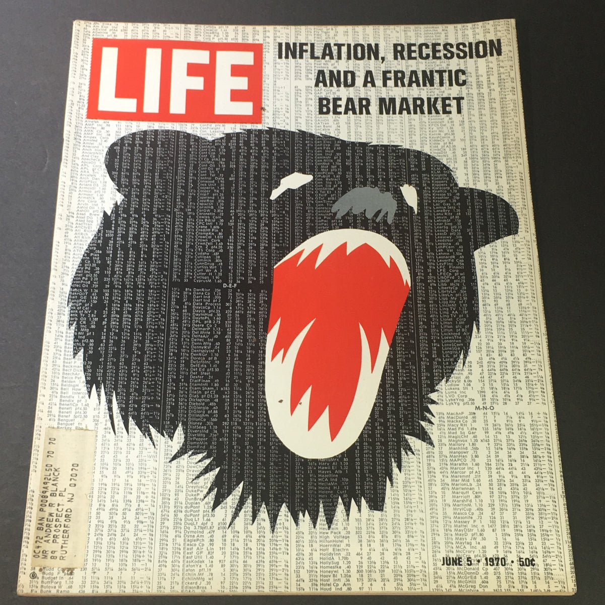 Cover of VTG Life Magazine from June 5, 1970, featuring bold graphics and the headline 'Inflation, Recession and a Frantic Bear Market'. This collectible issue explores significant economic themes of the time.