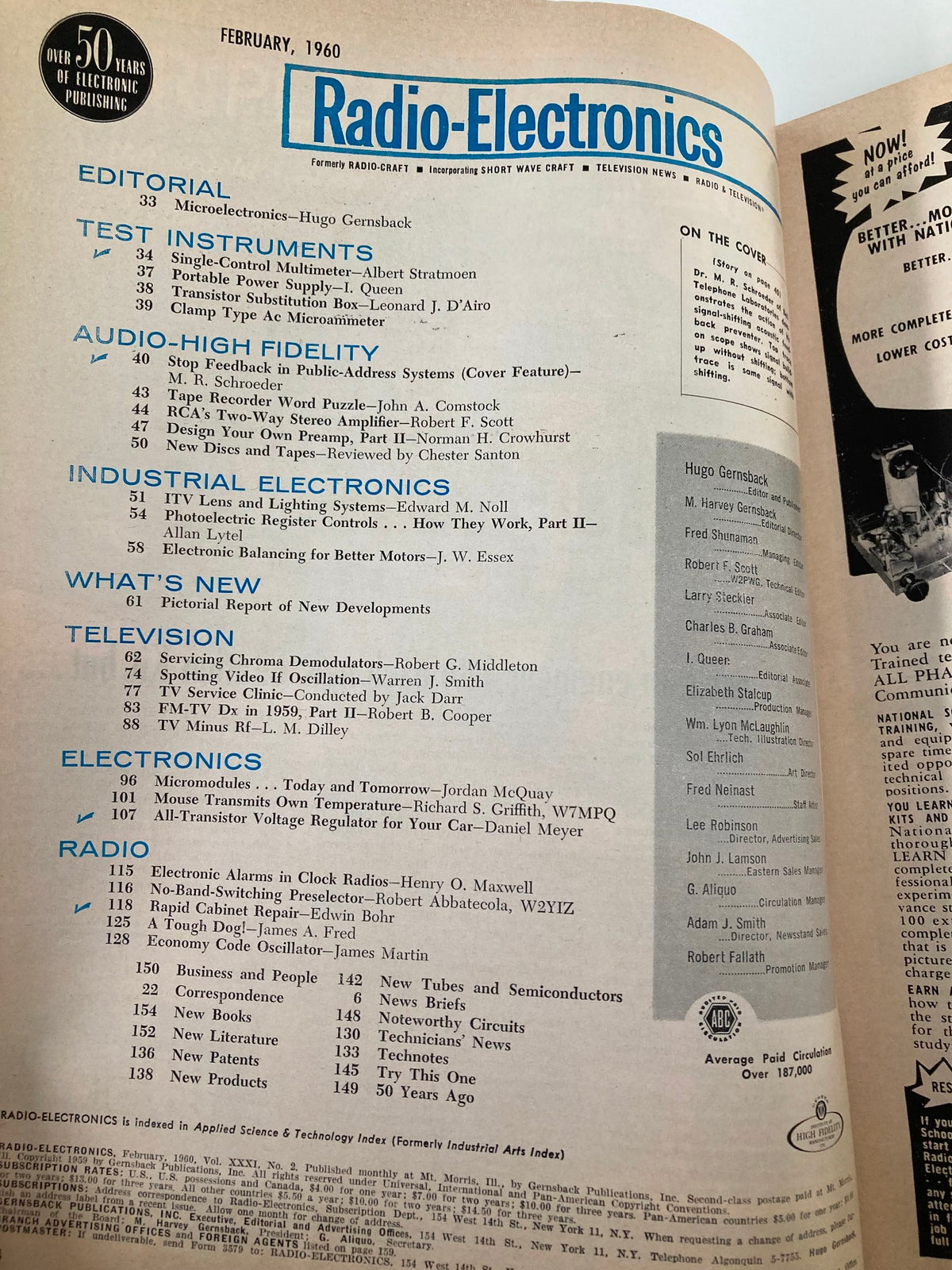 Inside page of VTG Radio-Electronics Magazine February 1960 showing the table of contents, editorial details, and features related to electronics and audio technology.