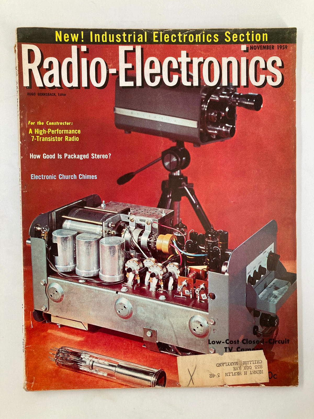 Cover of VTG Radio-Electronics Magazine from November 1959 featuring articles on Electronic Church Chimes and a high-performance 7-transistor radio.