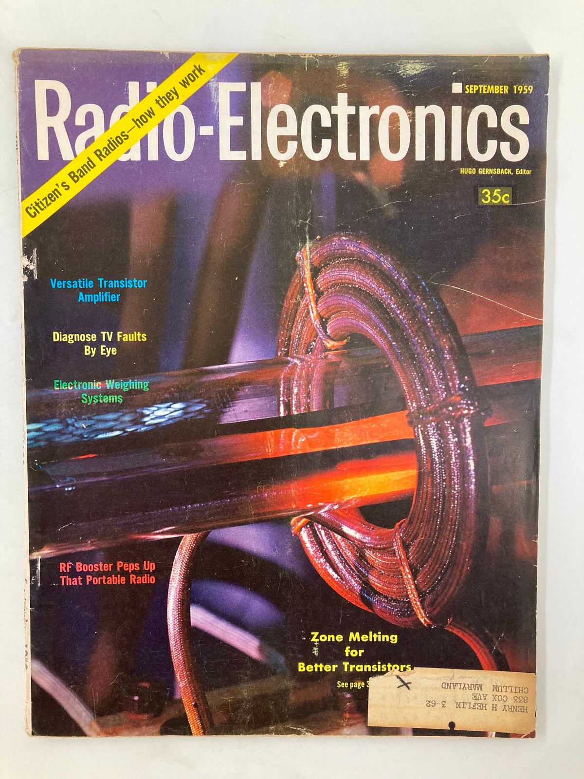 Cover of VTG Radio-Electronics Magazine from September 1959 featuring an article on Versatile Transistor Amplifier, showcasing vintage design and graphics.