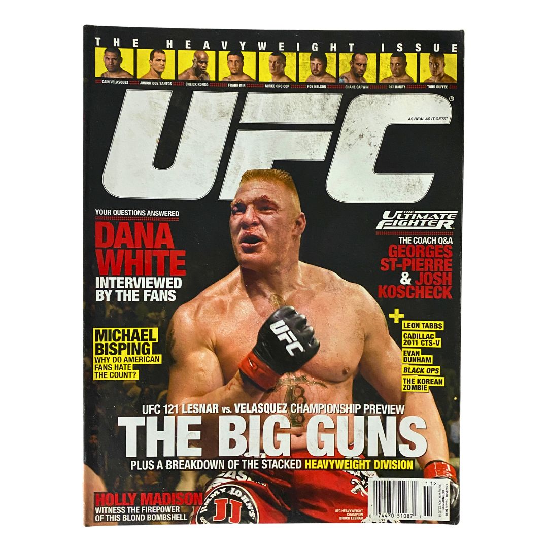 UFC Magazine October / November 2010 No. 7 featuring Brock Lesnar on the cover, highlighting the heavyweight issue with notable fighters and an in-depth preview of UFC 121.