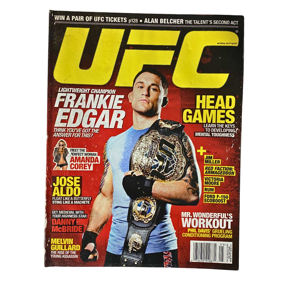 UFC Magazine April/May 2011, Issue No. 10 featuring Frankie Edgar, the lightweight champion, on the cover. This collectible magazine showcases UFC's thrilling world with an image of Edgar wearing the championship belt.