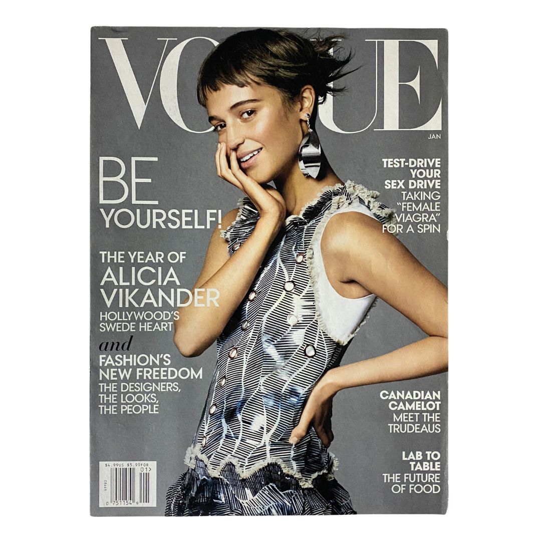 Cover of Vogue US Magazine January 2016 featuring Alicia Vikander with the title 'Be Yourself!' showcasing fashion insights and beauty inspiration.