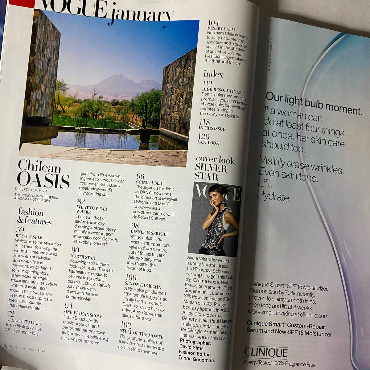 Inside page of Vogue US Magazine January 2016 displaying lifestyle content and a serene image of a Chilean landscape, featuring details from the magazine.