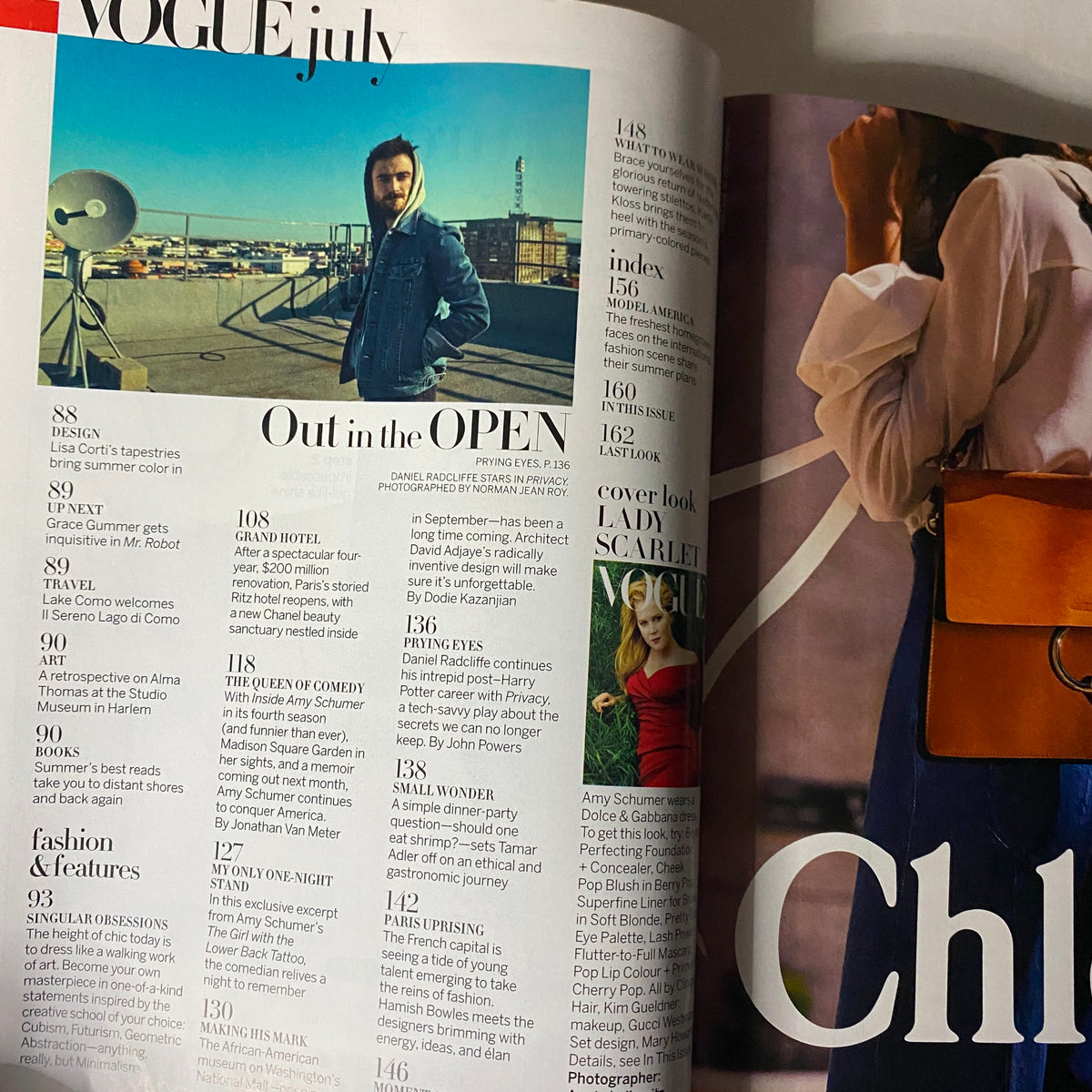 Inside page of Vogue US Magazine July 2016 displaying an article titled 'Out in the OPEN' related to fashion trends.