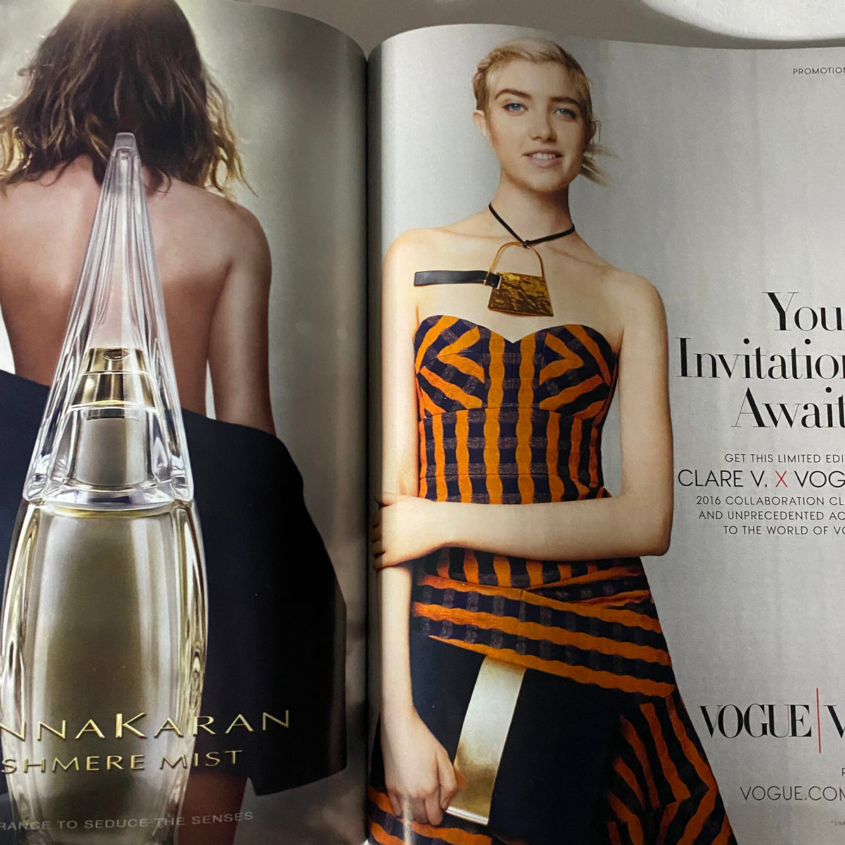 Promotional page from Vogue US Magazine July 2016 featuring a fashion collaboration between Clare V. and Vogue.