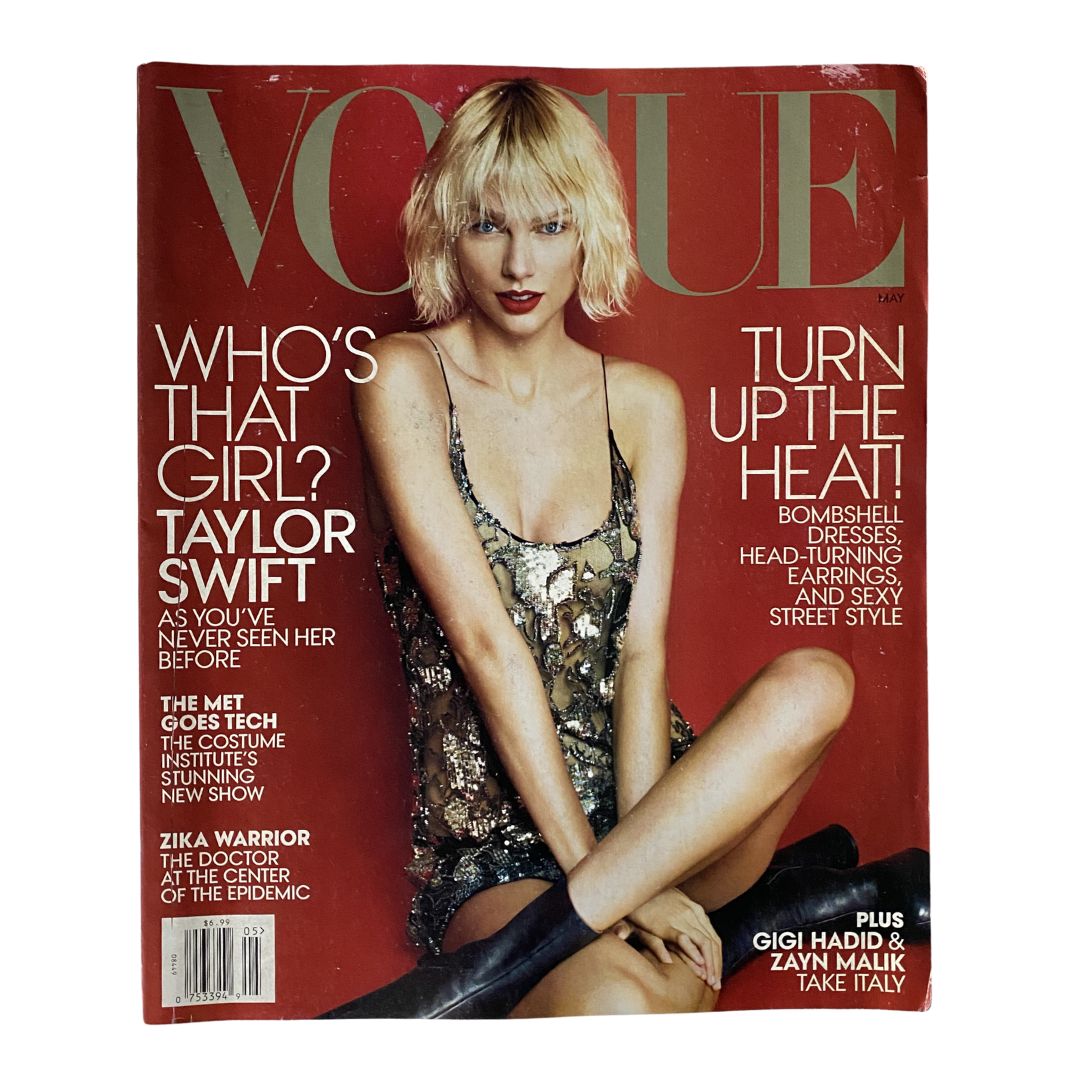 Vogue US Magazine May 2016 featuring Taylor Swift on the cover, titled 'Who's That Girl?' showcasing bold fashion and celebrity style.