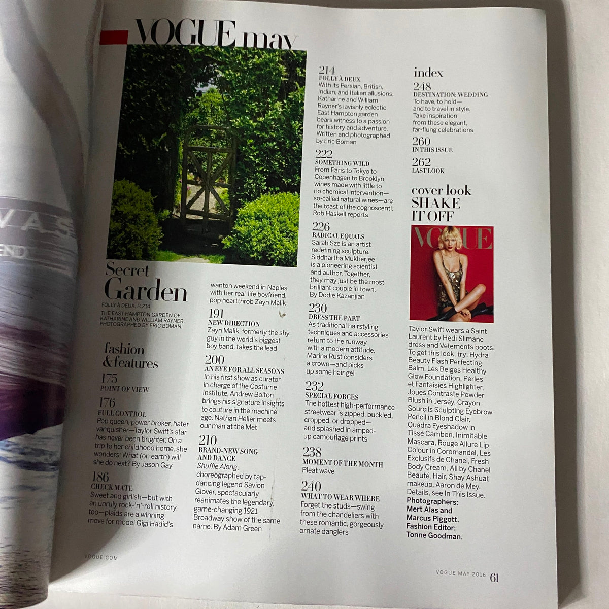 Interior page of Vogue US Magazine May 2016, showcasing the table of contents with sections on fashion and features.