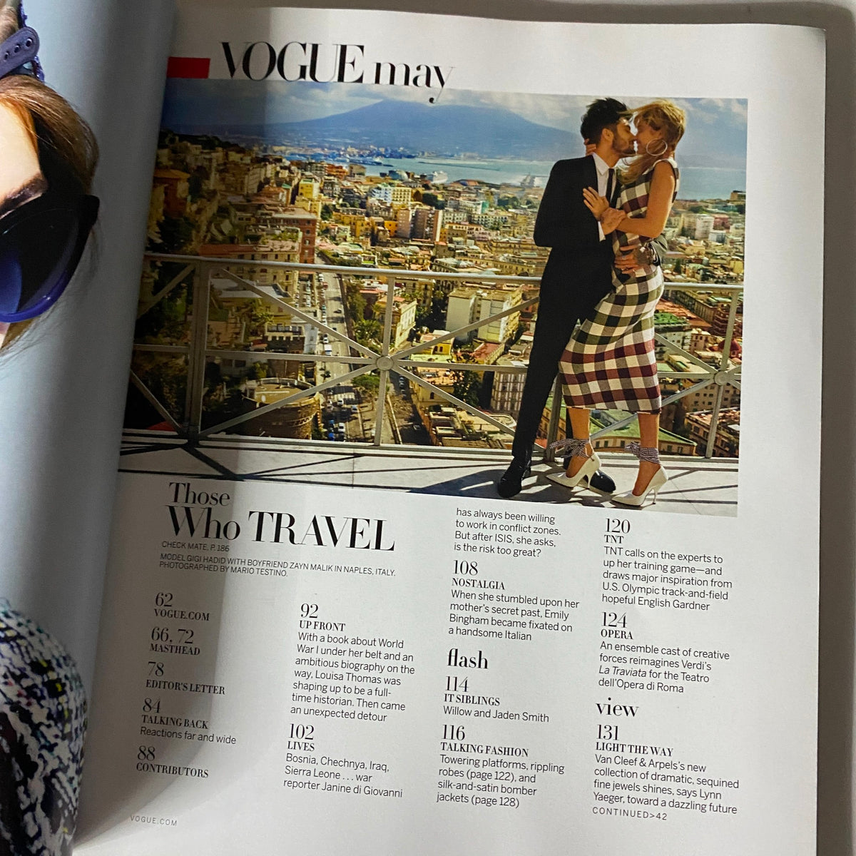 Interior page of Vogue US Magazine May 2016, featuring a travel section with Zayn Malik, capturing the essence of glamorous lifestyles.