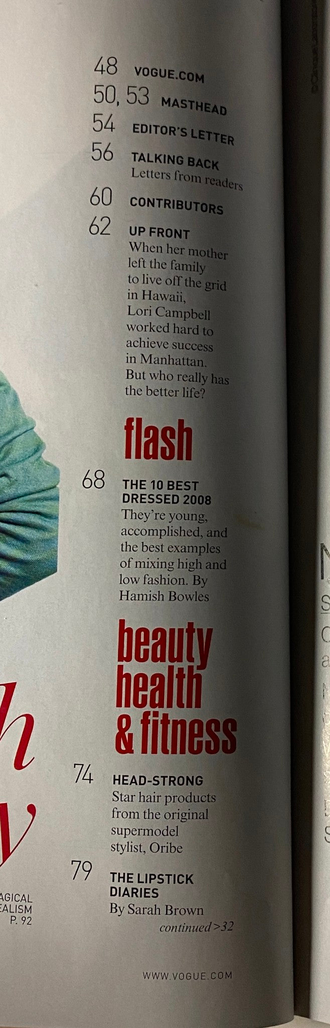 Inside page from Vogue Magazine January 2009 featuring the index section, highlighting articles such as 'Beauty Health & Fitness' and 'The 10 Best Dressed 2008', and showcasing the magazine's content.