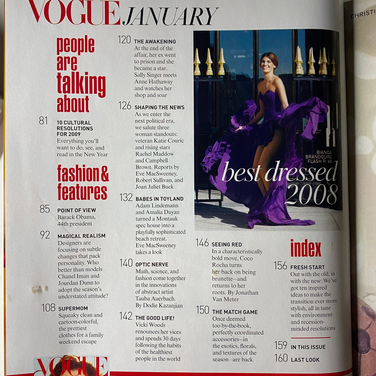 Cover page from Vogue Magazine January 2009 featuring Anne Hathaway, named 'Best Dressed 2008', and a preview of key articles like 'The Awakening' and 'Magic Realism'.