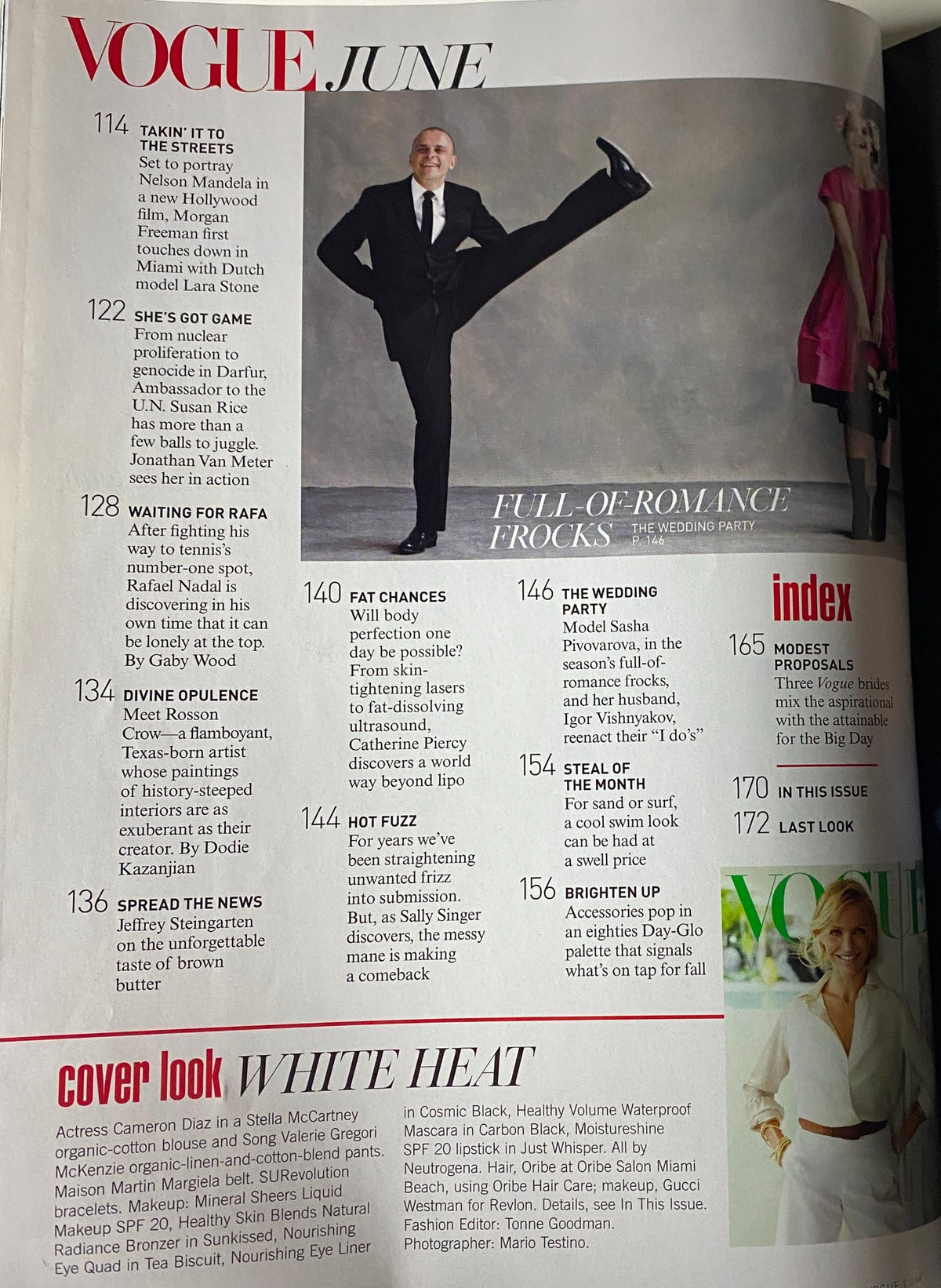 Index page from Vogue Magazine June 2009, featuring various articles on fashion, weddings, and upcoming trends, highlighting the issue's comprehensive content.