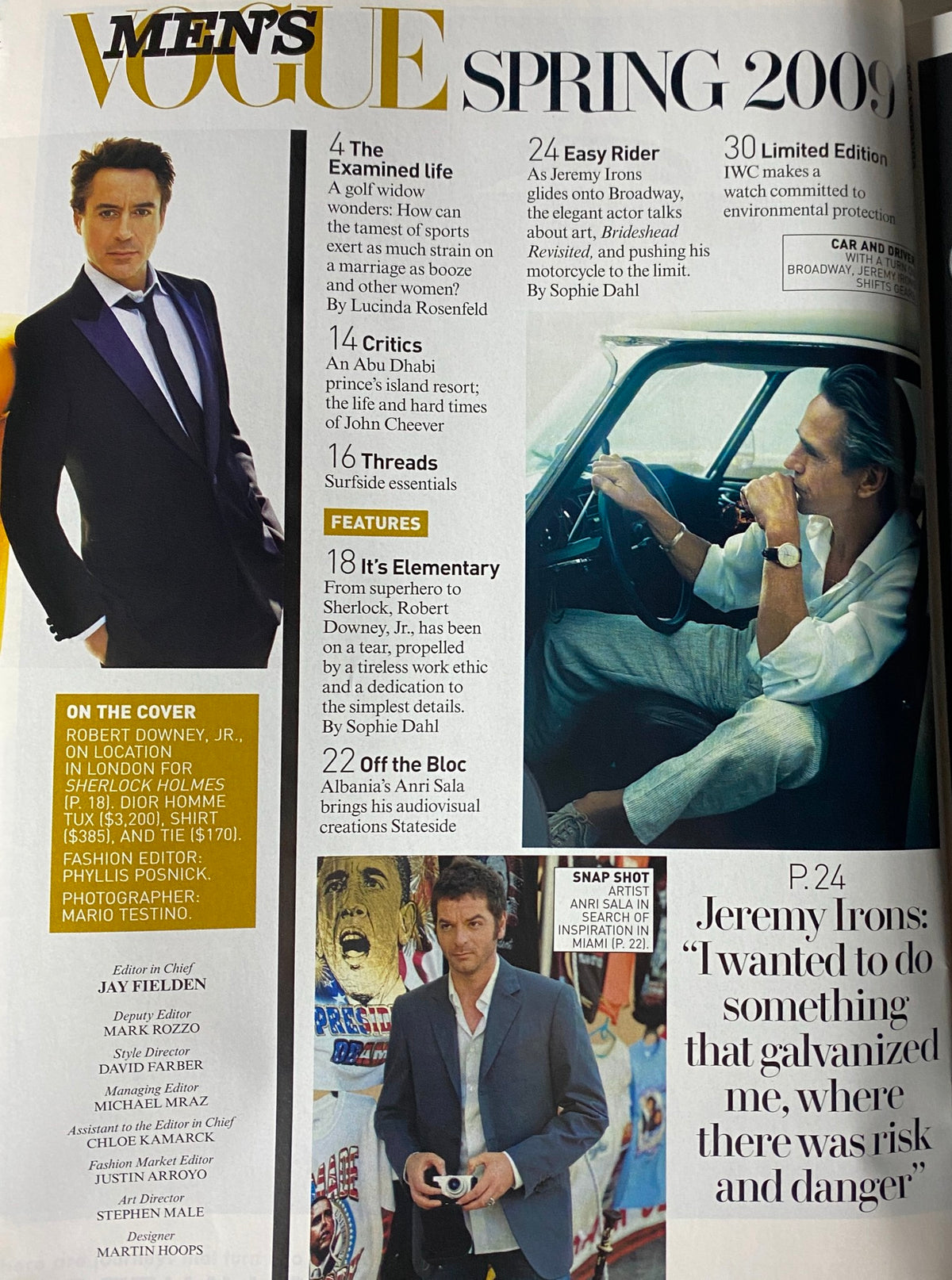 Men's Vogue Spring 2009 feature within Vogue Magazine, showcasing Robert Downey Jr. on the cover. The pages include articles titled 'The Examined Life' and 'Easy Rider' highlighting contemporary topics in men's fashion and lifestyle.