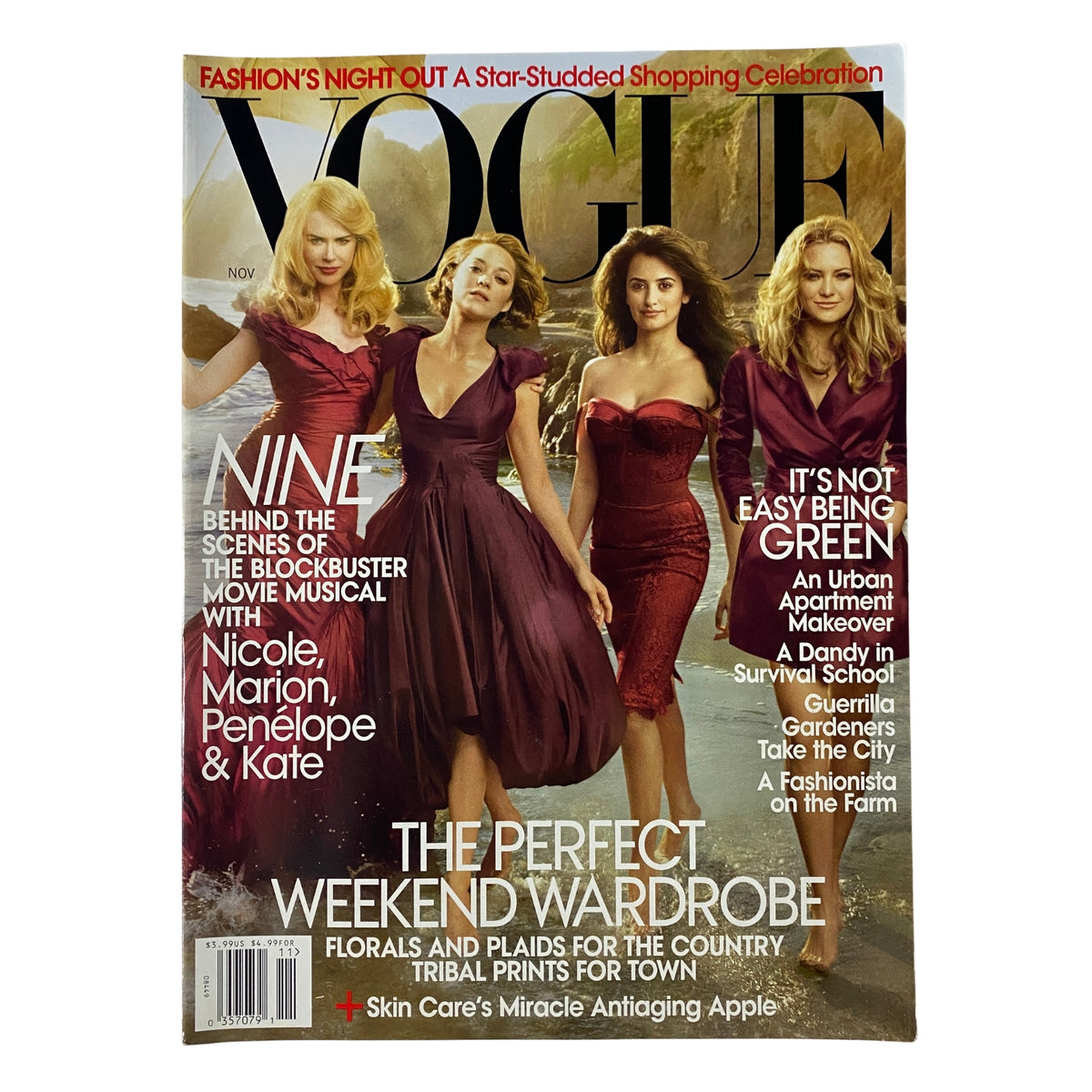 Vogue Magazine November 2009 cover featuring Nicole Kidman, Marion Cotillard, and Penélope Cruz in elegant dresses. Highlights fashion and cultural insights in very good condition.