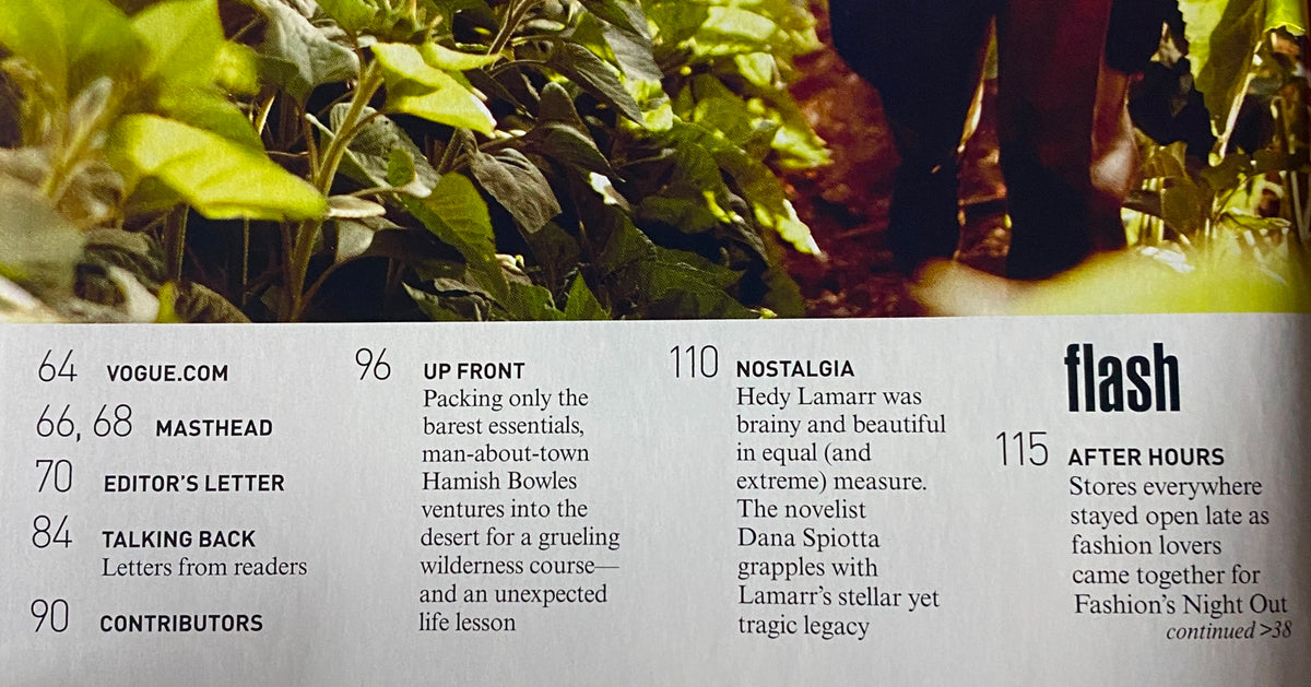 Contents page of Vogue Magazine November 2009 listing features such as 'Up Front' and 'Contributors' highlighting the issue's focus on fashion trends.