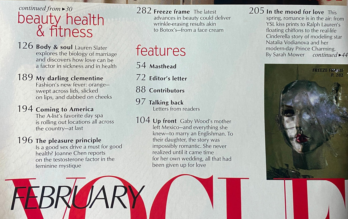 Inside page of Vogue Magazine February 2003 detailing beauty, health, and features articles, featuring content related to Debra Messing.