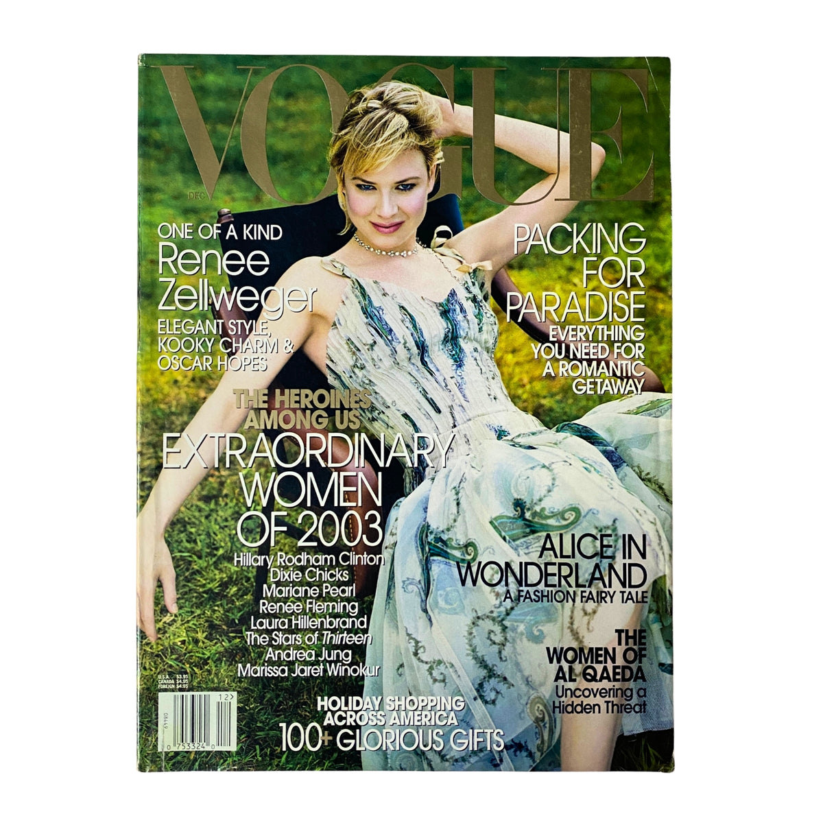Vogue Magazine December 2003 cover featuring Renée Zellweger in a pale-green organza dress, showcasing winter elegance, no label, in very good condition.