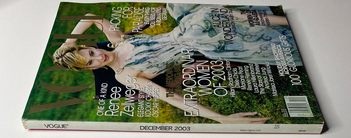 Vogue Magazine December 2003 cover in very good condition showing Renée Zellweger in an elegant pale-green dress, celebrating style and beauty of the season, no label.