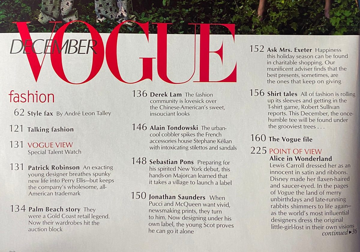 Inside page of Vogue Magazine December 2003 highlighting fashion entries such as 'Style Fax' by André Leon Talley and features on emerging designers.
