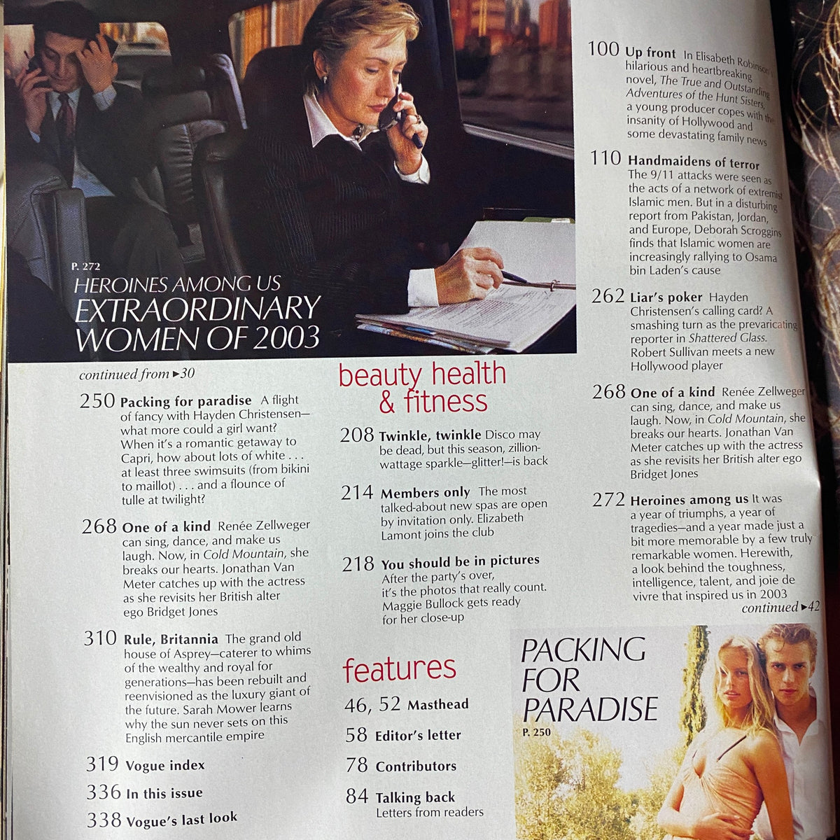 Page from Vogue Magazine December 2003 detailing beauty, health, and fitness articles along with insights on Renée Zellweger's features for the issue.