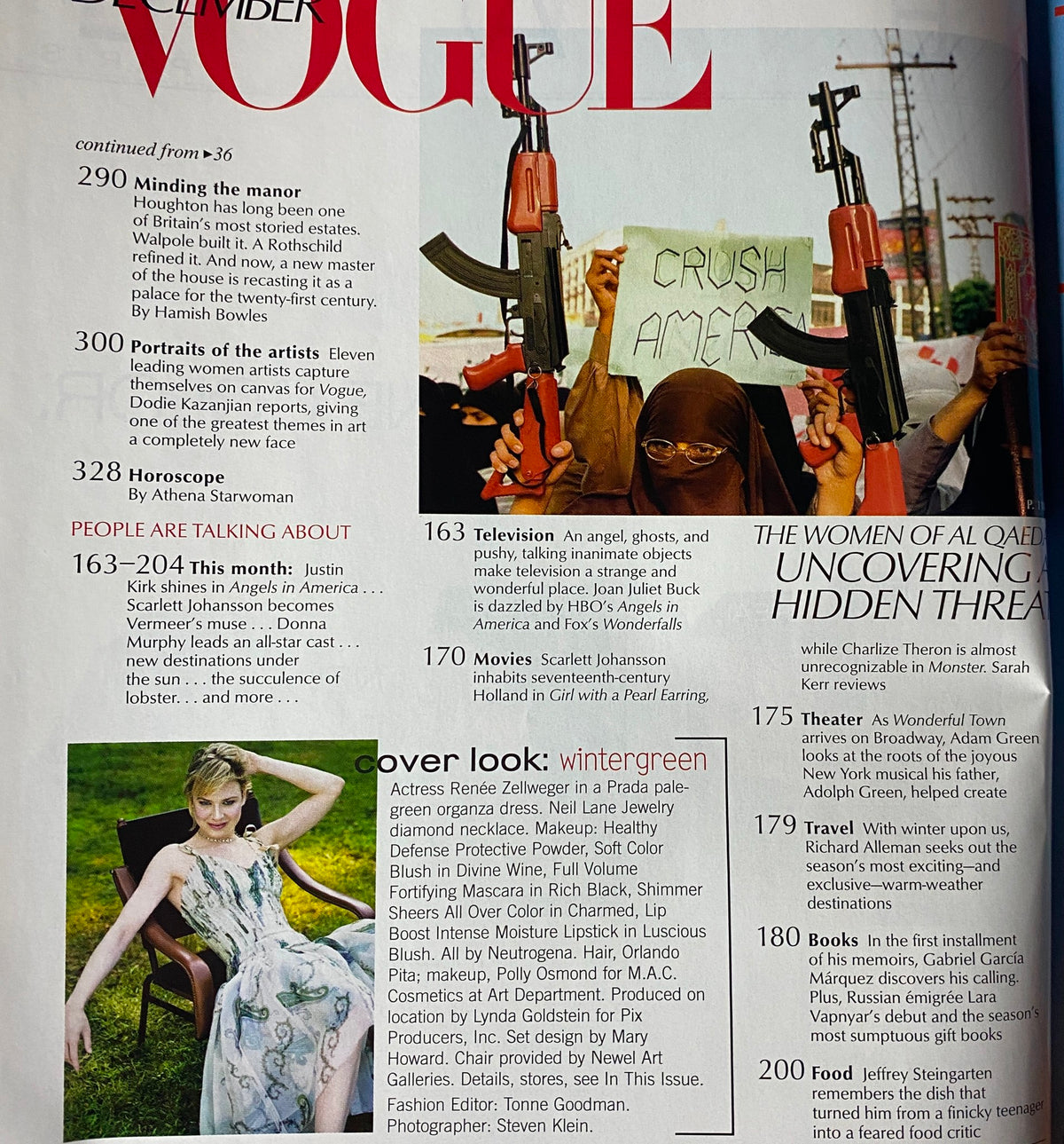 Vogue Magazine December 2003 articles preview page featuring thought-provoking features including 'Portraits of the Artists' and discussions about contemporary topics.