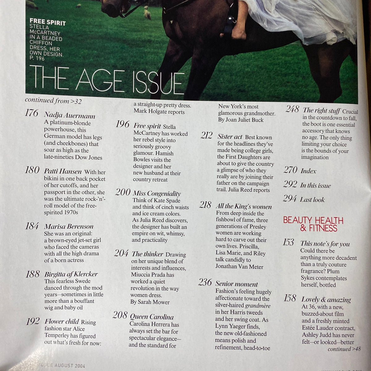 Interior page from Vogue Magazine August 2004, featuring the 'Age Issue' with contributions from Stella McCartney, fashion insights, and women's empowerment, showcasing iconic styles and designers.