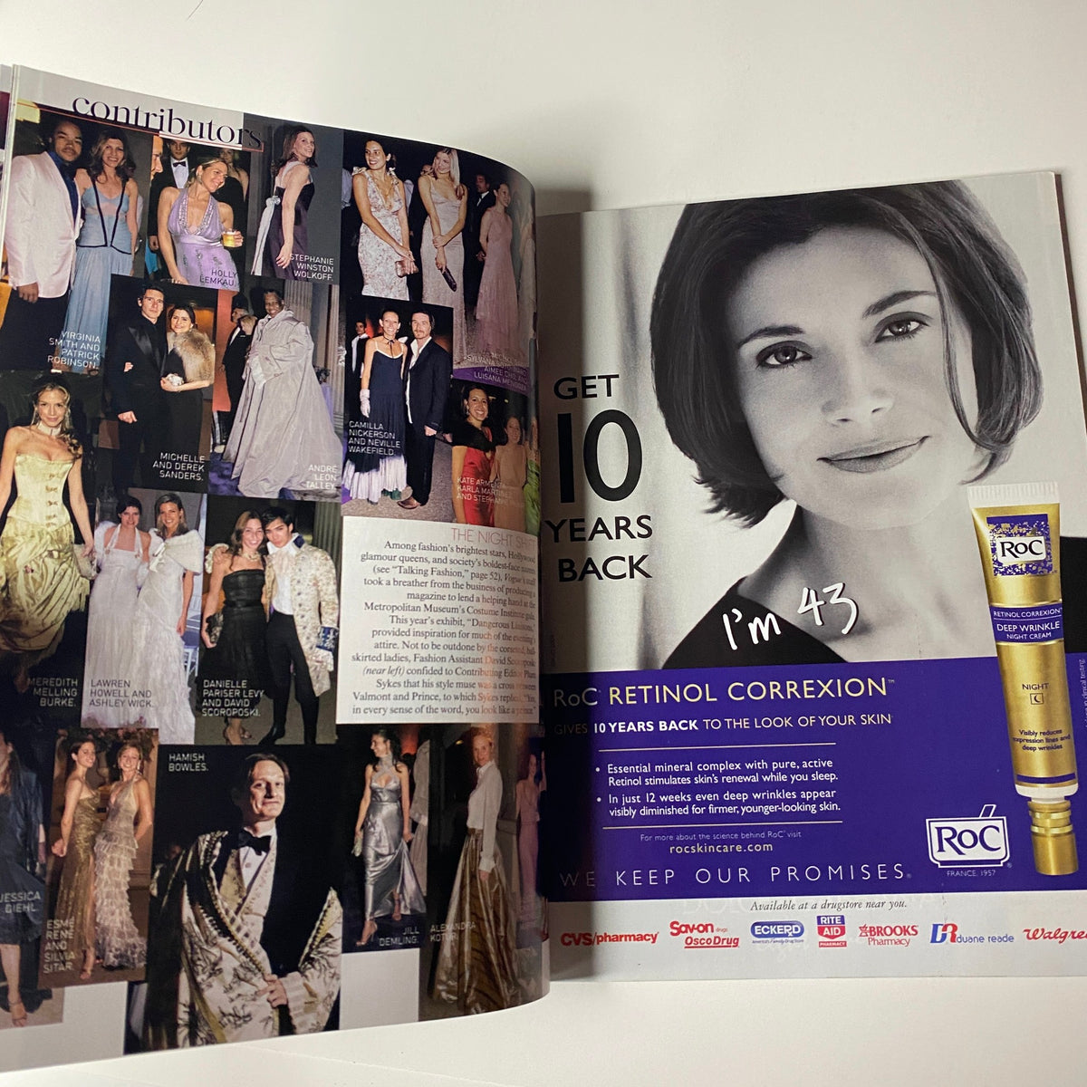 Advertising spread inside Vogue Magazine July 2004, featuring a collage of glamorous gowns and highlighting contributors to the issue.