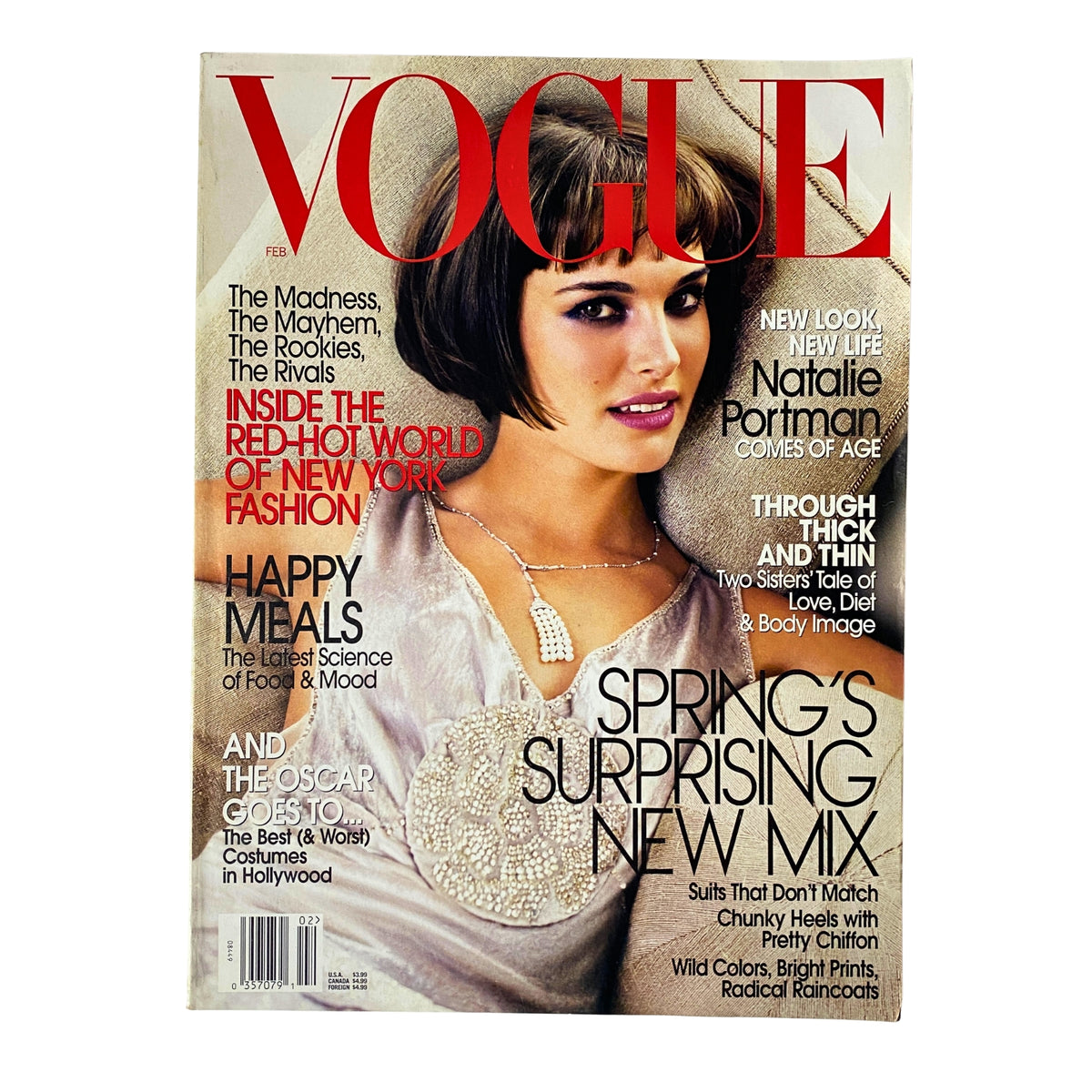Vogue Magazine February 2004 featuring Natalie Portman on the cover, styled in a Marc Jacobs dress, highlighting modern Jazz Age elegance. The issue includes fashion insights and a profile on Portman's career, making it a collectible item for fans and Vogue enthusiasts.