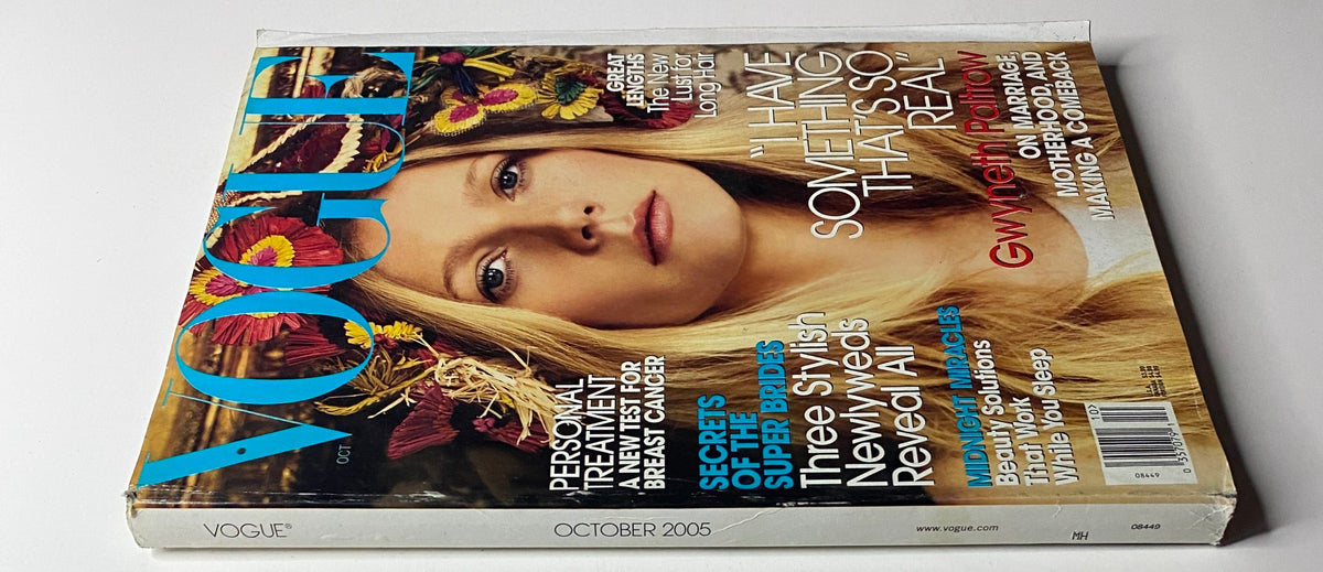Back view of Vogue Magazine October 2005 with an emphasis on Gwyneth Paltrow's stunning cover, showcasing floral elements and the title 'VOGUE'. This magazine includes articles on beauty solutions and extensive fashion insights.