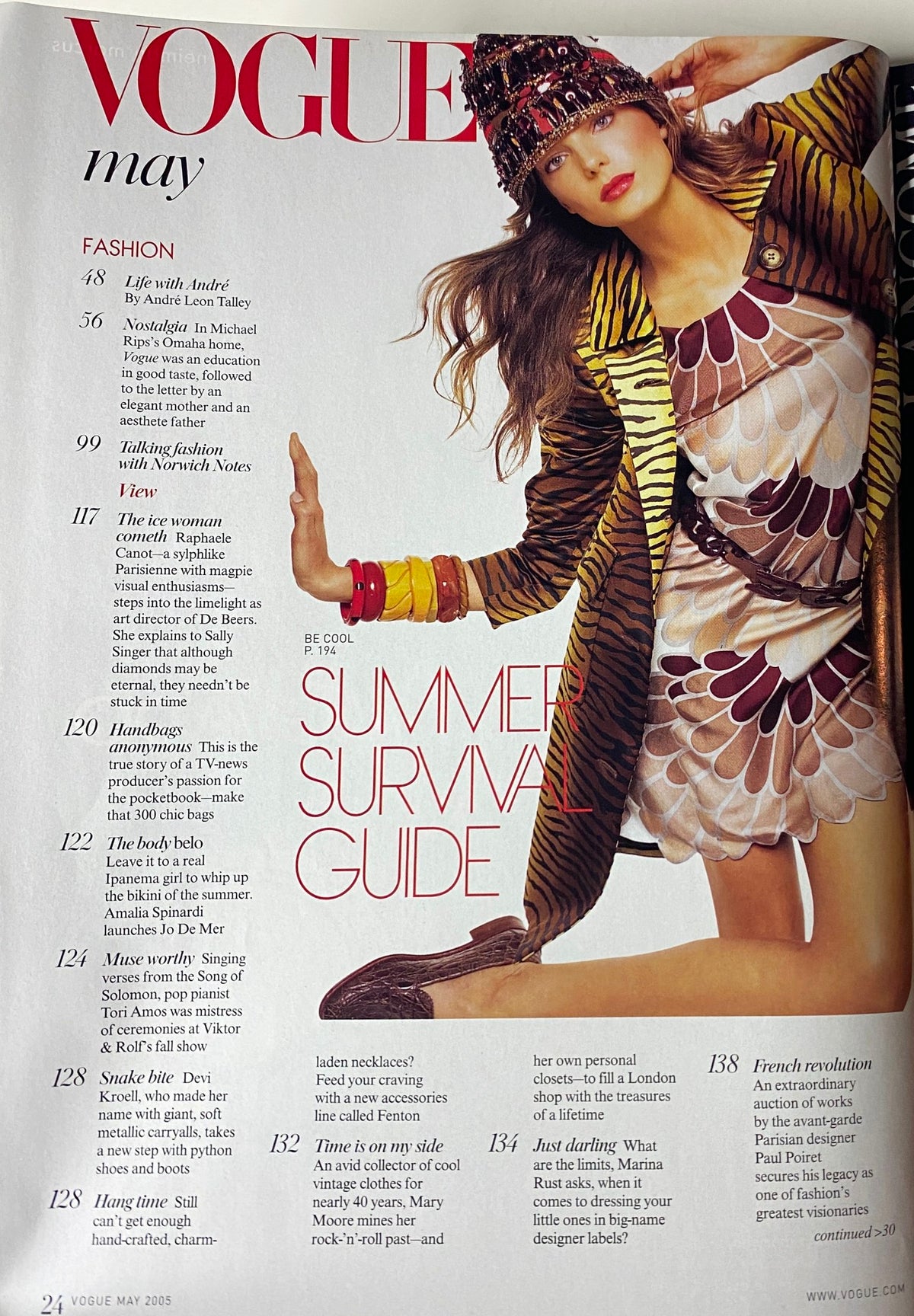 Interior page of Vogue Magazine May 2005 showcasing fashion article summaries, featuring notable pieces like 'Life with Andy' and 'The Ice Woman', highlighting contemporary fashion insights.