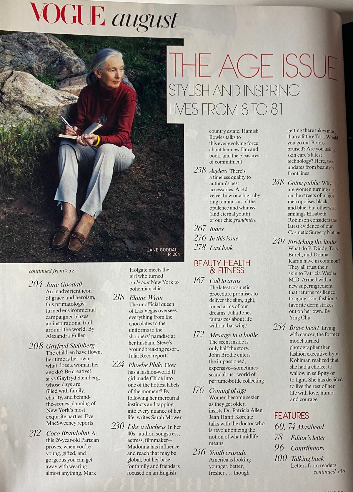Interior page of Vogue Magazine August 2005, featuring Jane Goodall in an article from 'The Age Issue.' Discusses inspiring lives from ages 8 to 81 and various lifestyle topics.