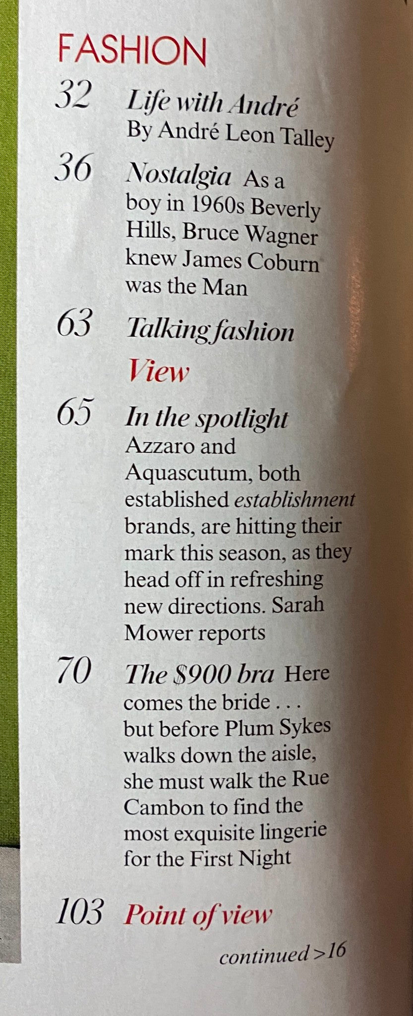 Vogue Magazine July 2005 contents page featuring editorials on fashion and beauty, highlighting articles such as 'Life with André' by André Leon Talley and 'Nostalgia' by Bruce Wagner.