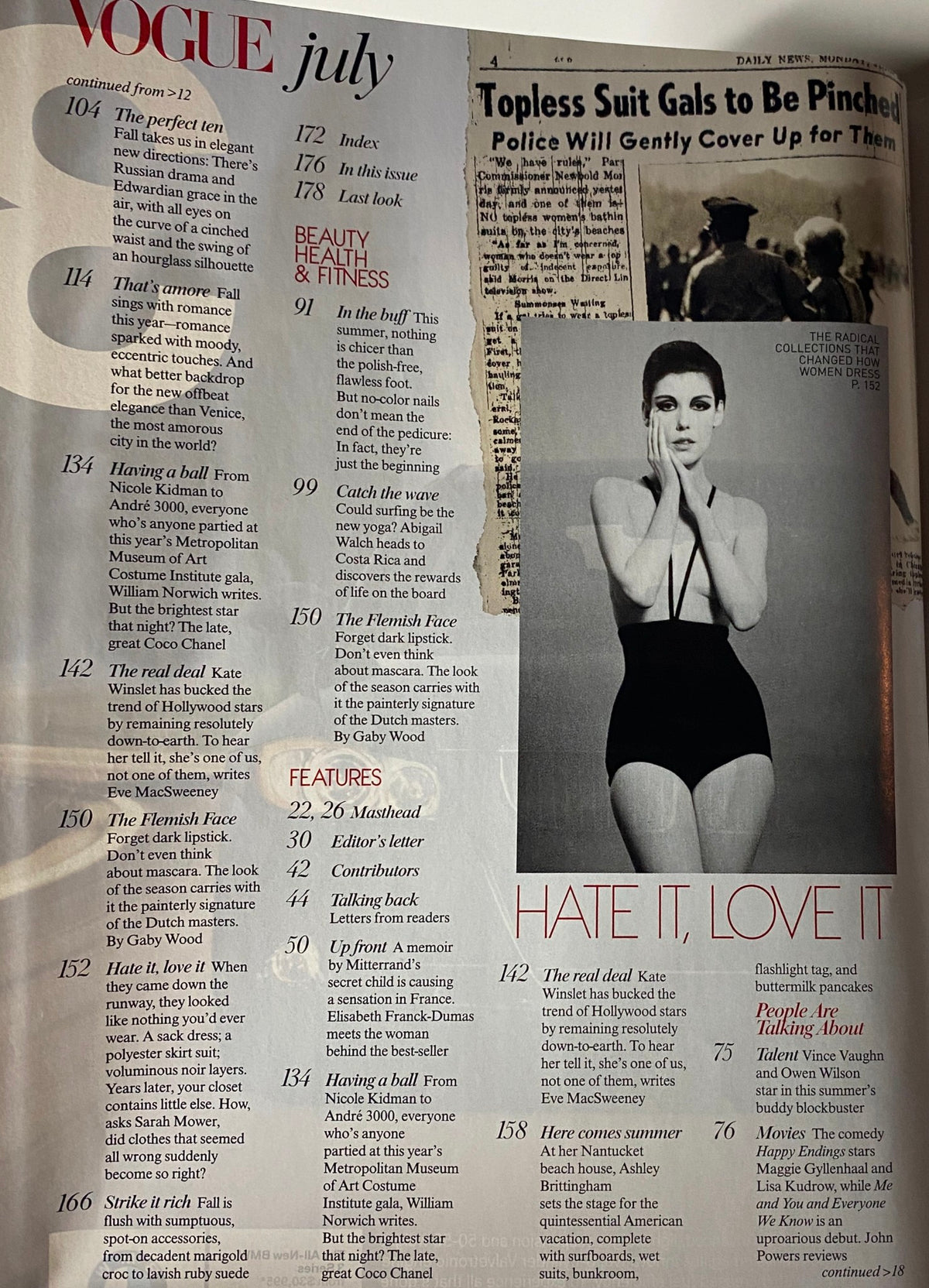 Vogue Magazine July 2005 page featuring a black-and-white photograph of a model in a swimsuit with the 'Hate It, Love It' article, discussing fashion evolution.
