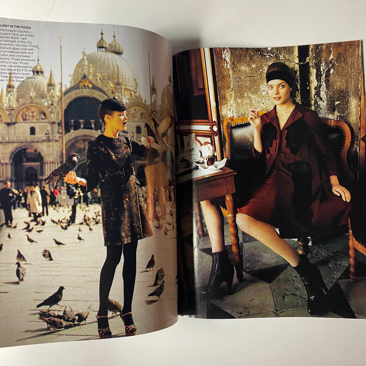 Vogue Magazine July 2005 spread featuring a model in a vintage-inspired outfit amidst a picturesque Venetian backdrop, showcasing fashion elegance.