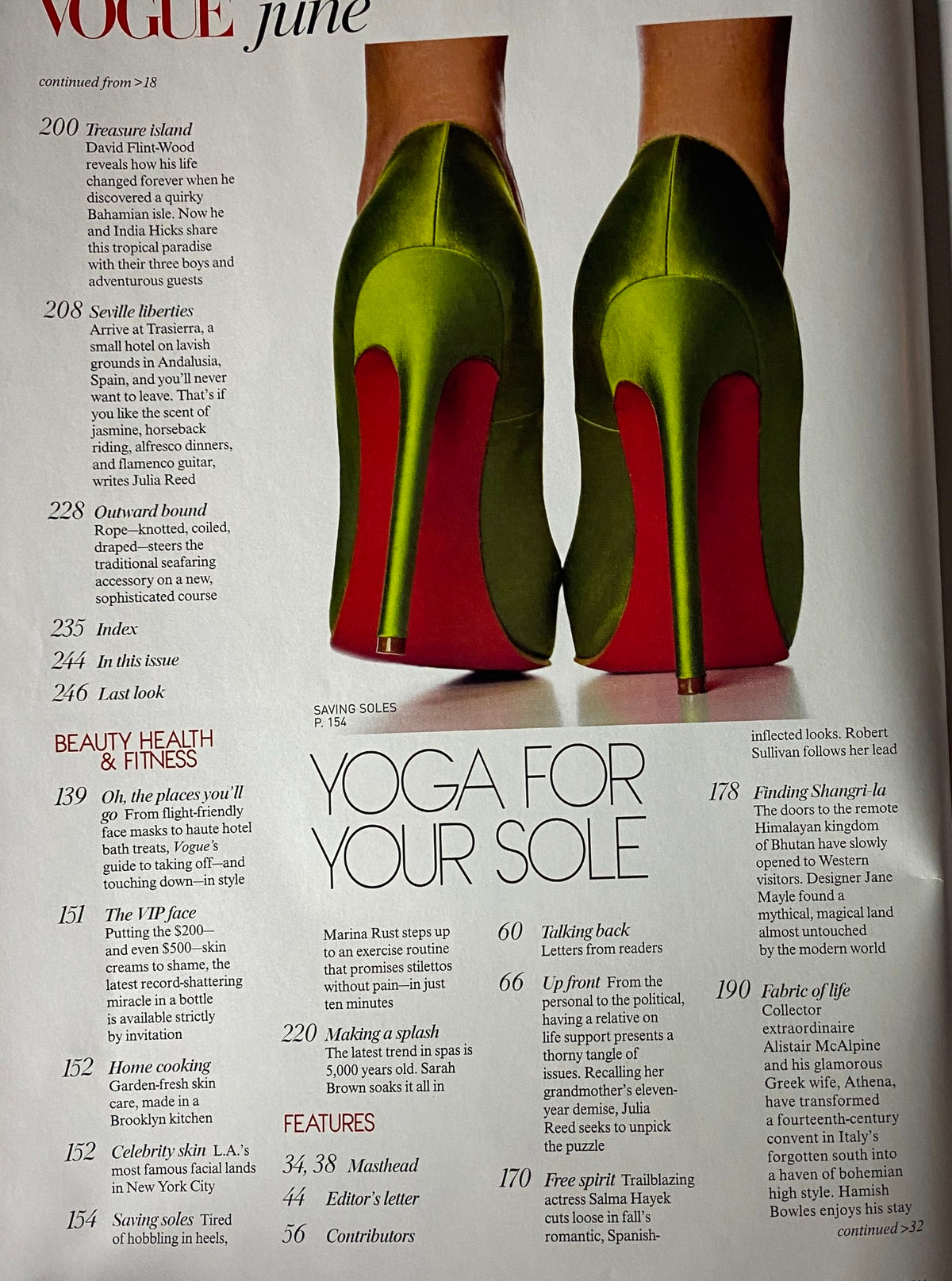 Inside page of Vogue Magazine June 2005 showcasing high-fashion shoes with the text 'Yoga for Your Sole', related to the 'Vogue June 2005 Salma Hayek Cover No Label'.