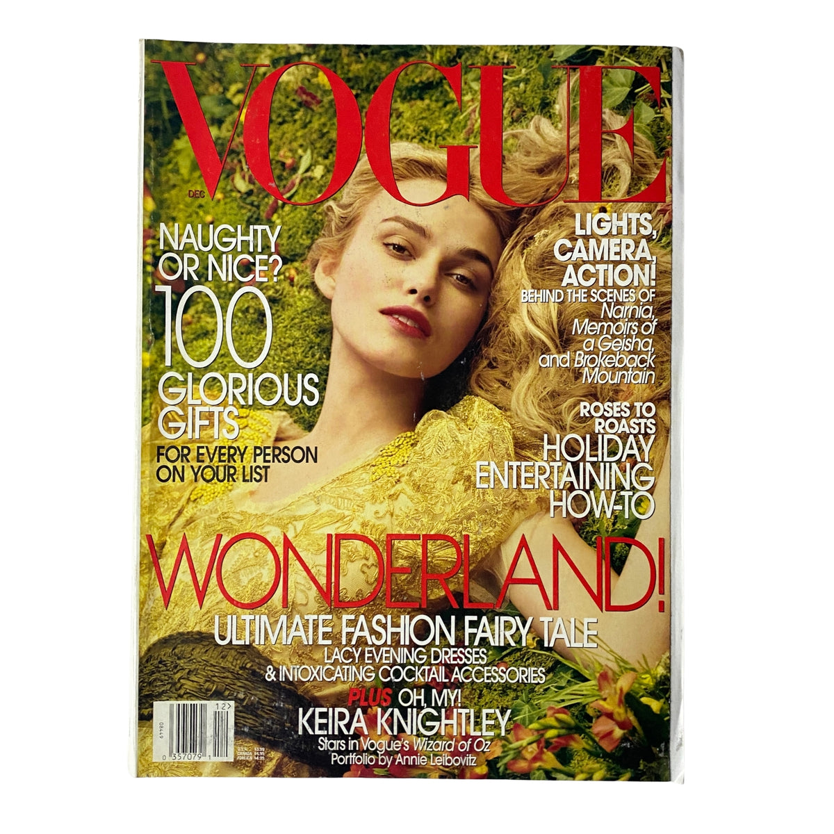 Vogue Magazine December 2005 featuring Keira Knightley on the cover with the headline 'Naughty or Nice? 100 Glorious Gifts for Everyone on Your List.' The magazine showcases holiday-themed fashion and is in very good condition.