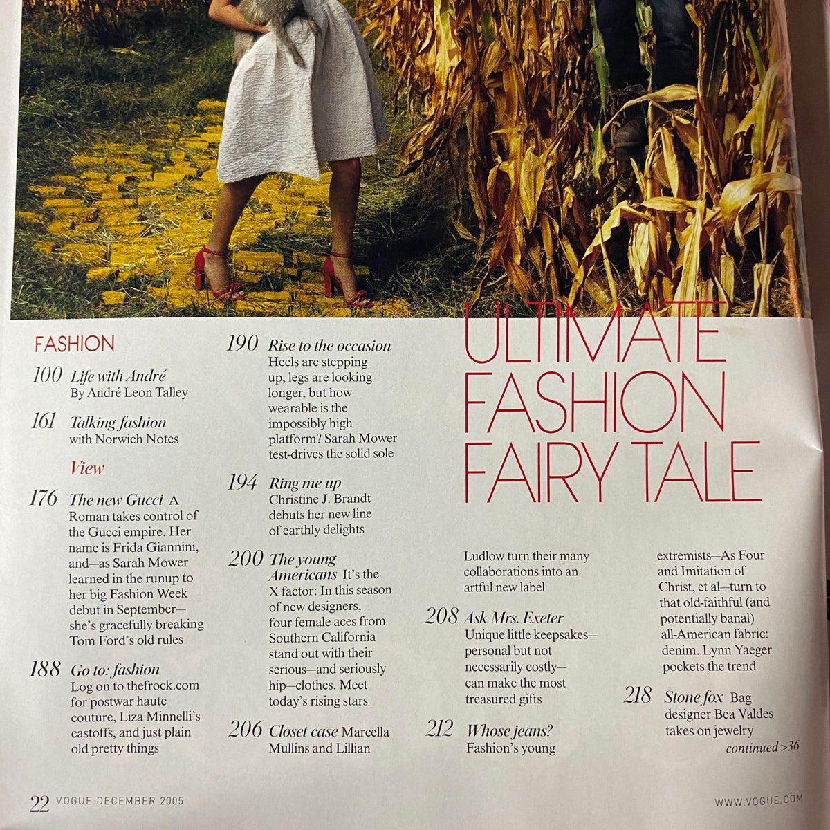 Interior page of Vogue Magazine December 2005 detailing articles like 'Life with André' and 'The New Gucci' among others. The page illustrates the blend of fashion, culture, and holiday themes featured in this issue.