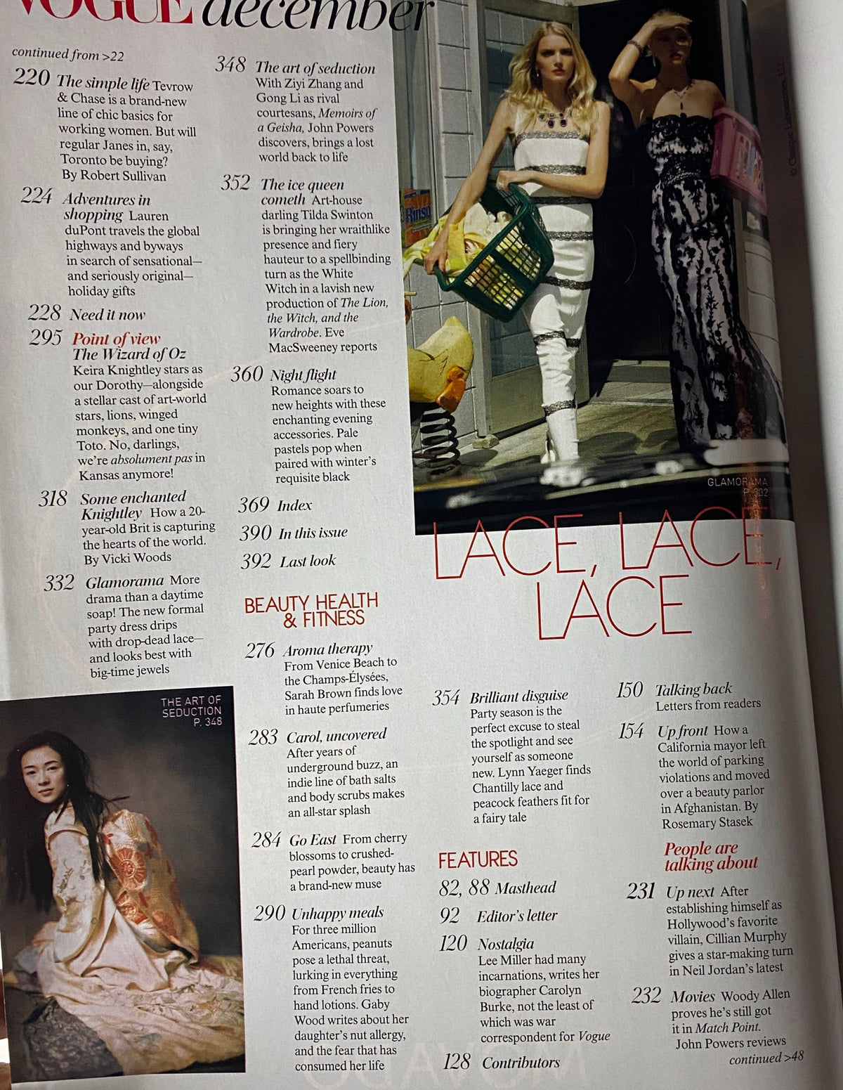 Interior page of Vogue Magazine December 2005 featuring section headings such as 'Beauty, Health & Fitness' and highlights of articles like 'Lace, Lace, Lace.' The issue covers seasonal trends and fashion insights.
