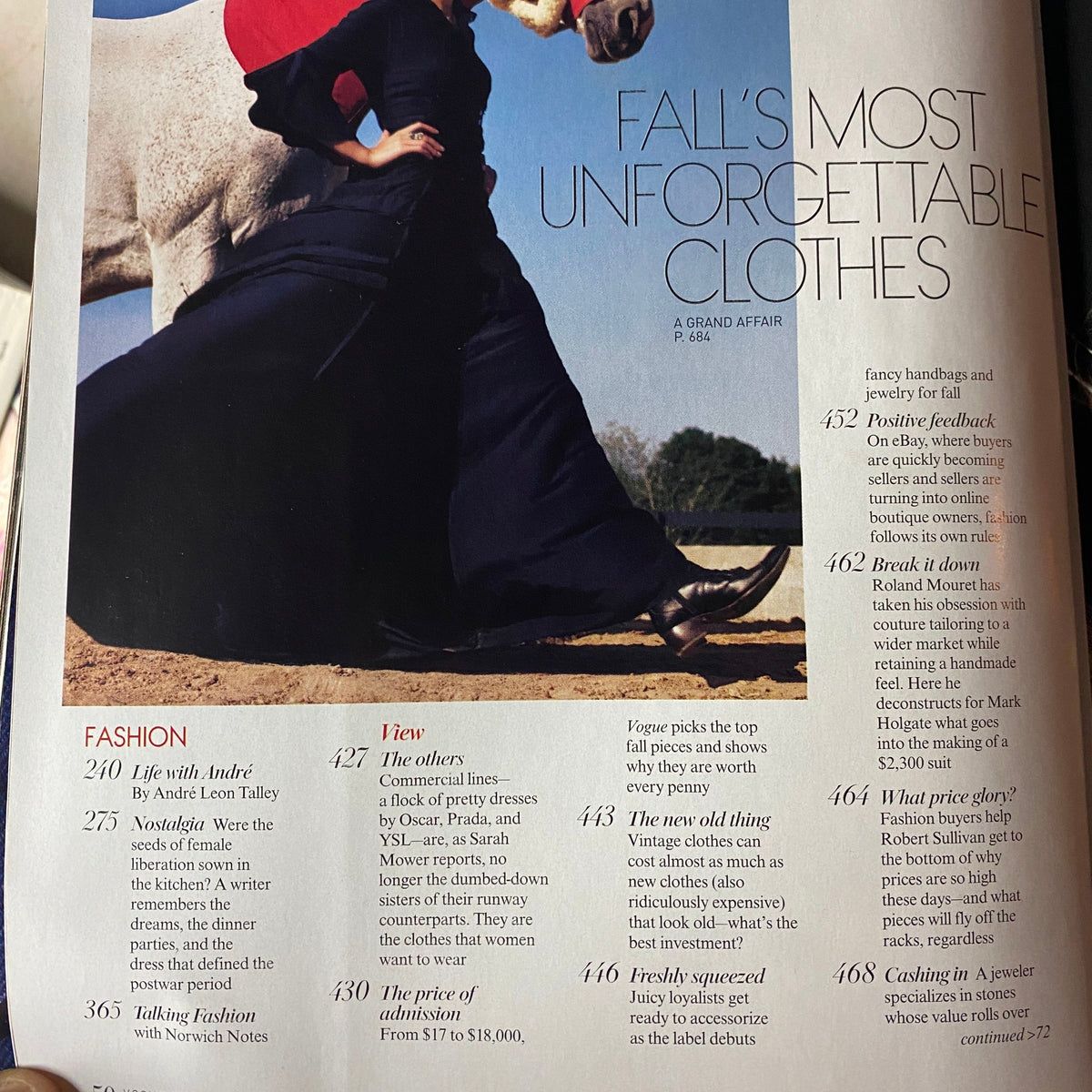 Inside Vogue Magazine September 2005, showcasing a fashion spread titled 'Fall's Most Unforgettable Clothes' featuring designs by André Leon Talley.