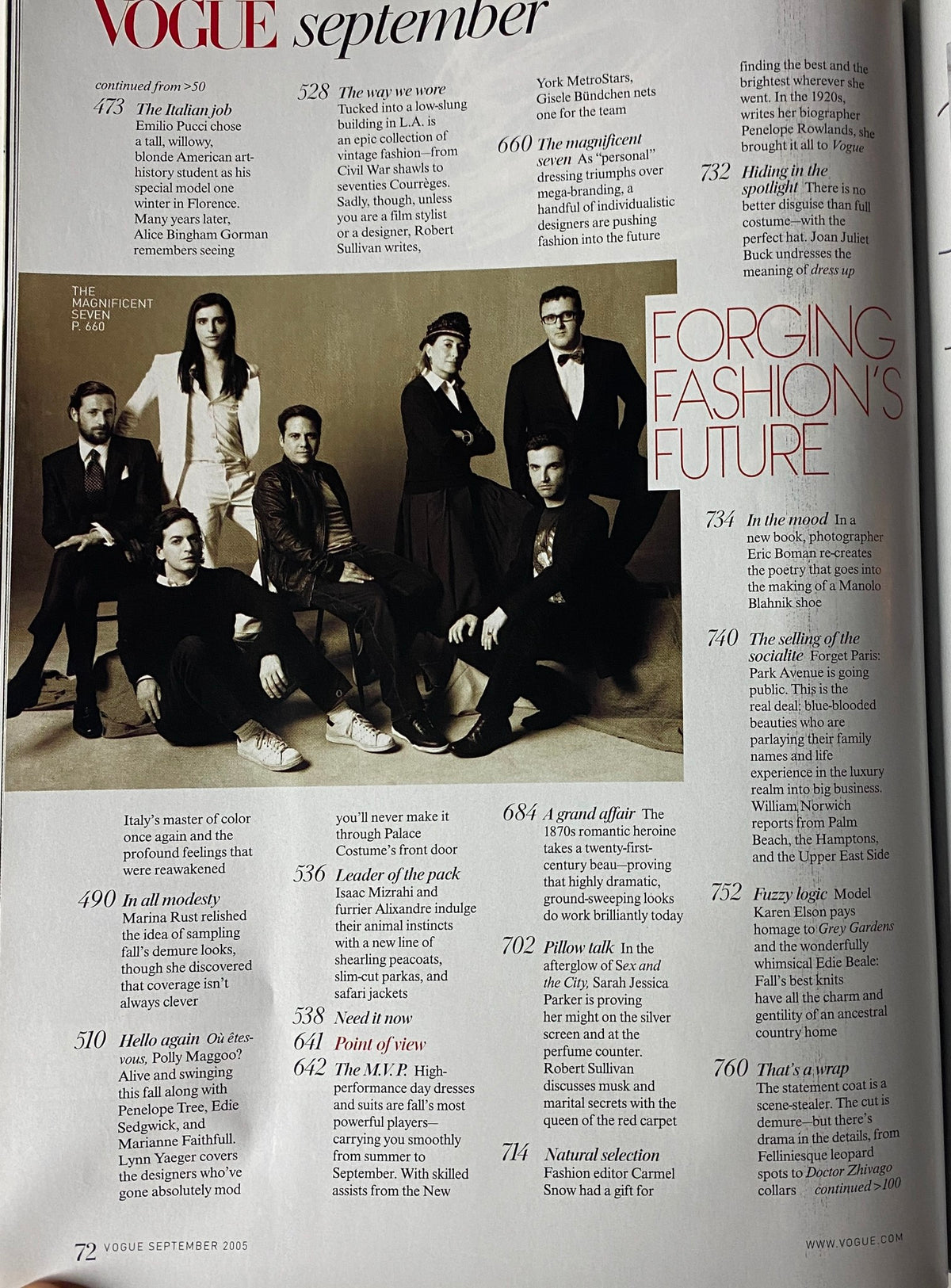 A group photo from Vogue Magazine September 2005, under the title 'Forging Fashion's Future', featuring eight models and designers in sophisticated attire.