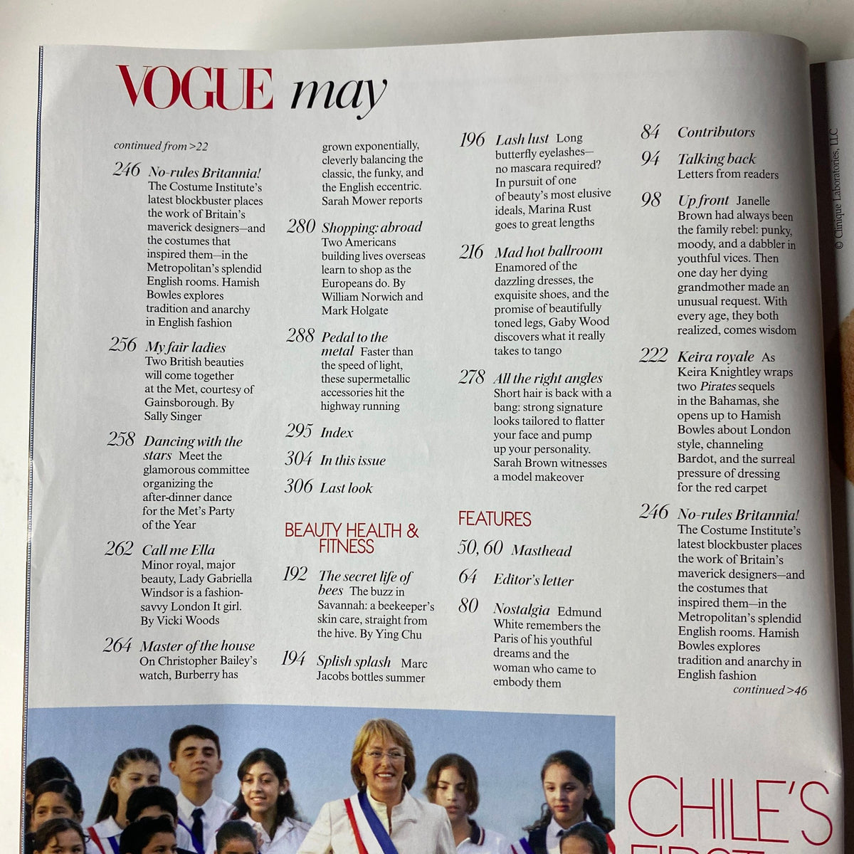 Vogue Magazine May 2006 Keira Knightley Cover - Continued contents page highlighting No-Rules Britannia and other articles.