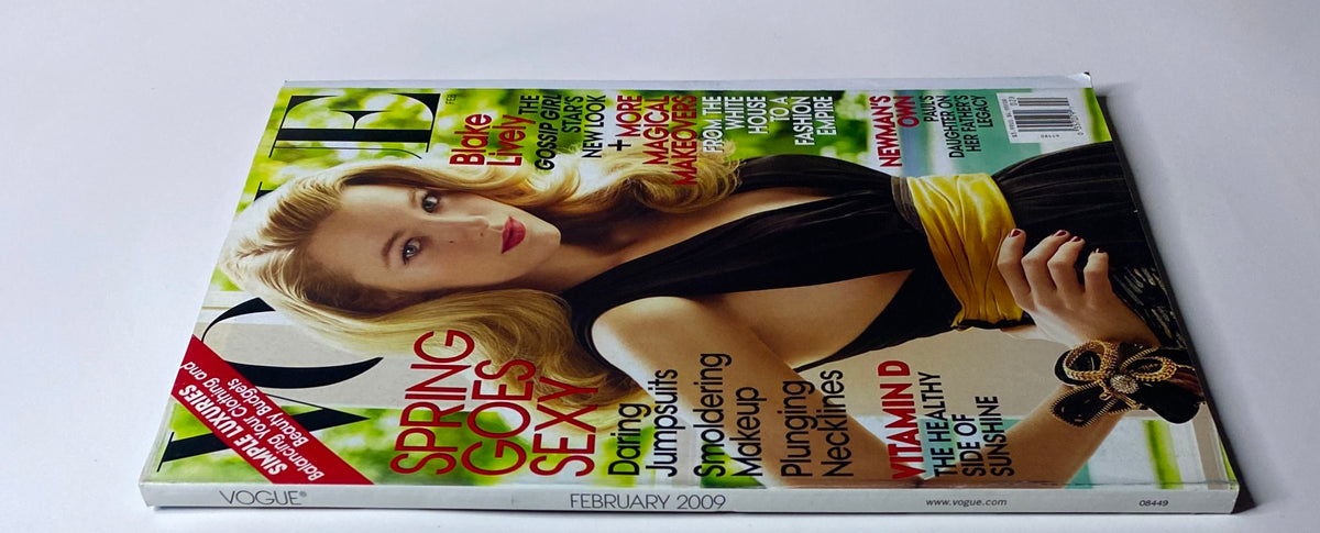 Vogue Magazine February 2009 cover image with Blake Lively, emphasizing themes of spring fashion, makeup styles, and lifestyle tips, capturing her iconic 'Gossip Girl' aesthetic.