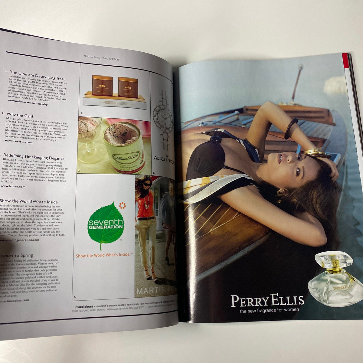 Vogue Magazine February 2009 Blake Lively Cover showcasing an advertisement for Perry Ellis featuring a model by a boat, highlighting the essence of luxury and elegance.