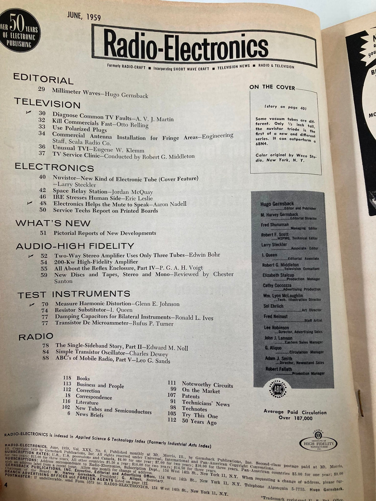 Inside page of VTG Radio-Electronics Magazine June 1959 showing the table of contents, highlighting articles related to electronics and various innovations from the era.