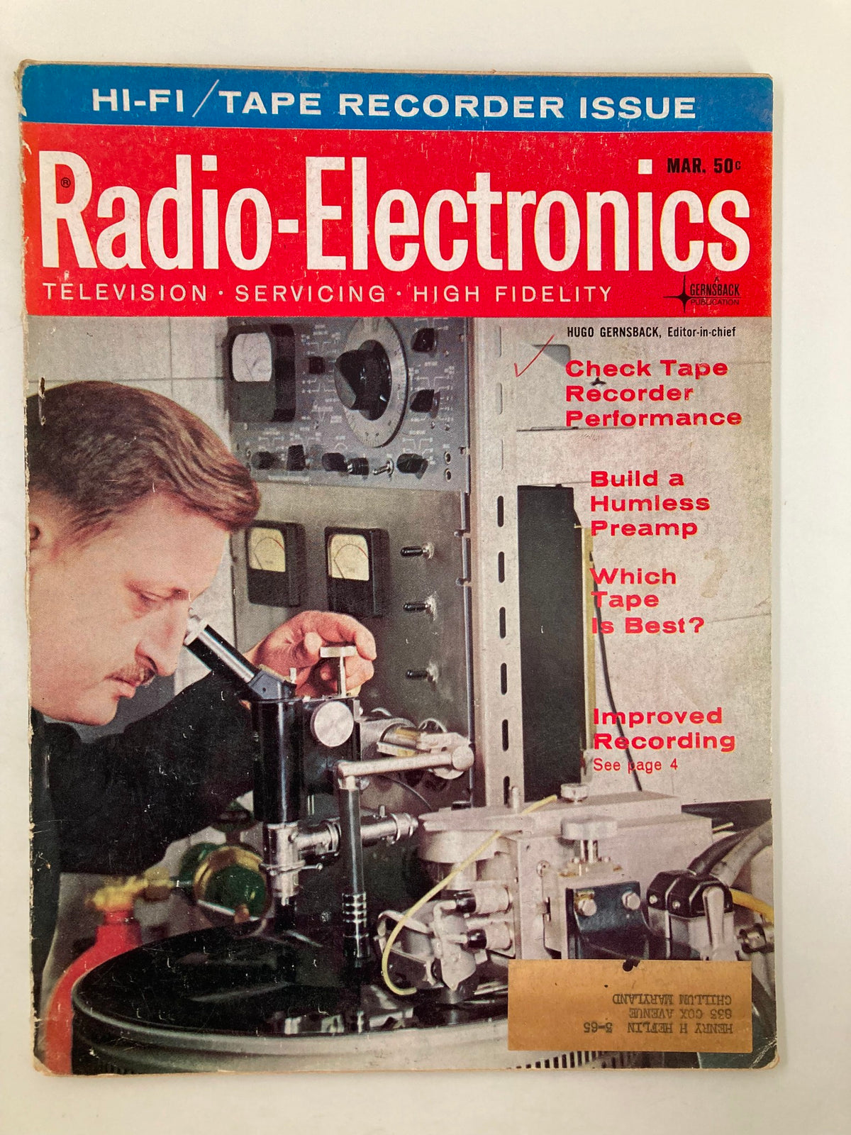 Vintage Radio-Electronics Magazine from March 1964 featuring an article on building a humless preamplifier, showcasing retro electronics and audio technology.